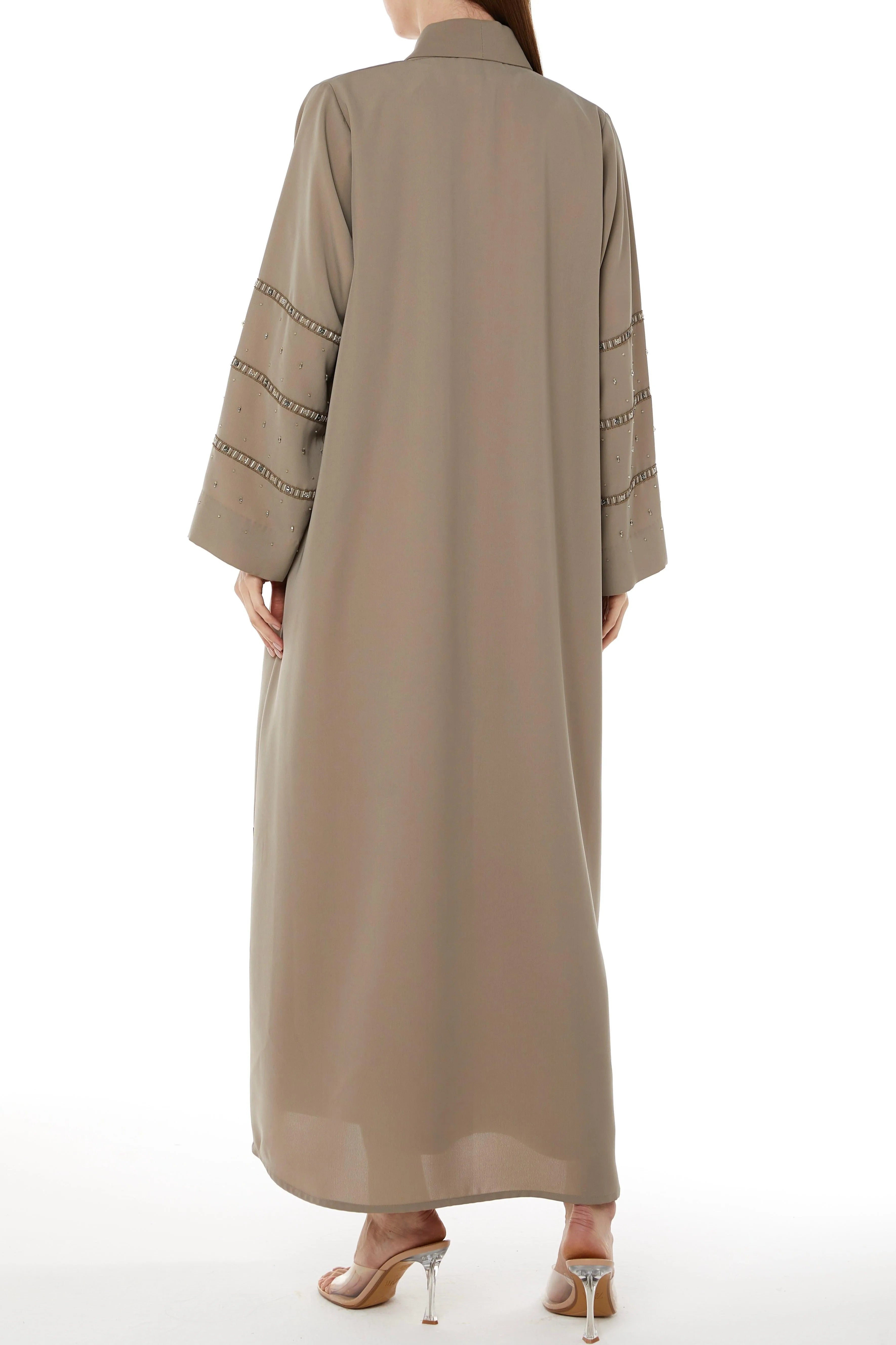 Beige Tokyo Crepe Abaya with Collar and Beadwork on Sleeves - Posh Abaya