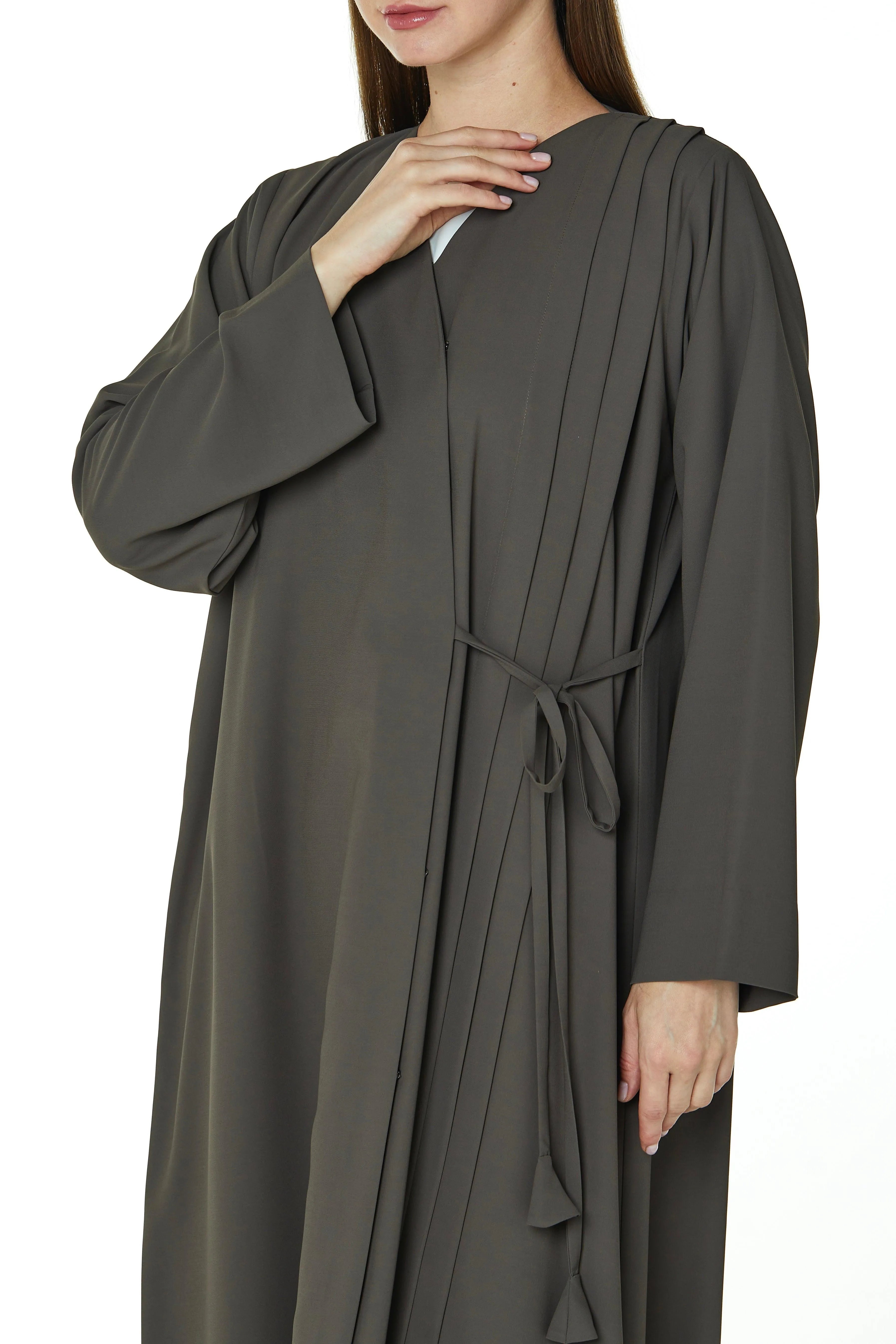 Green Cool Crepe Overlap Abaya with Front Tie-up with Pleats - Posh Abaya