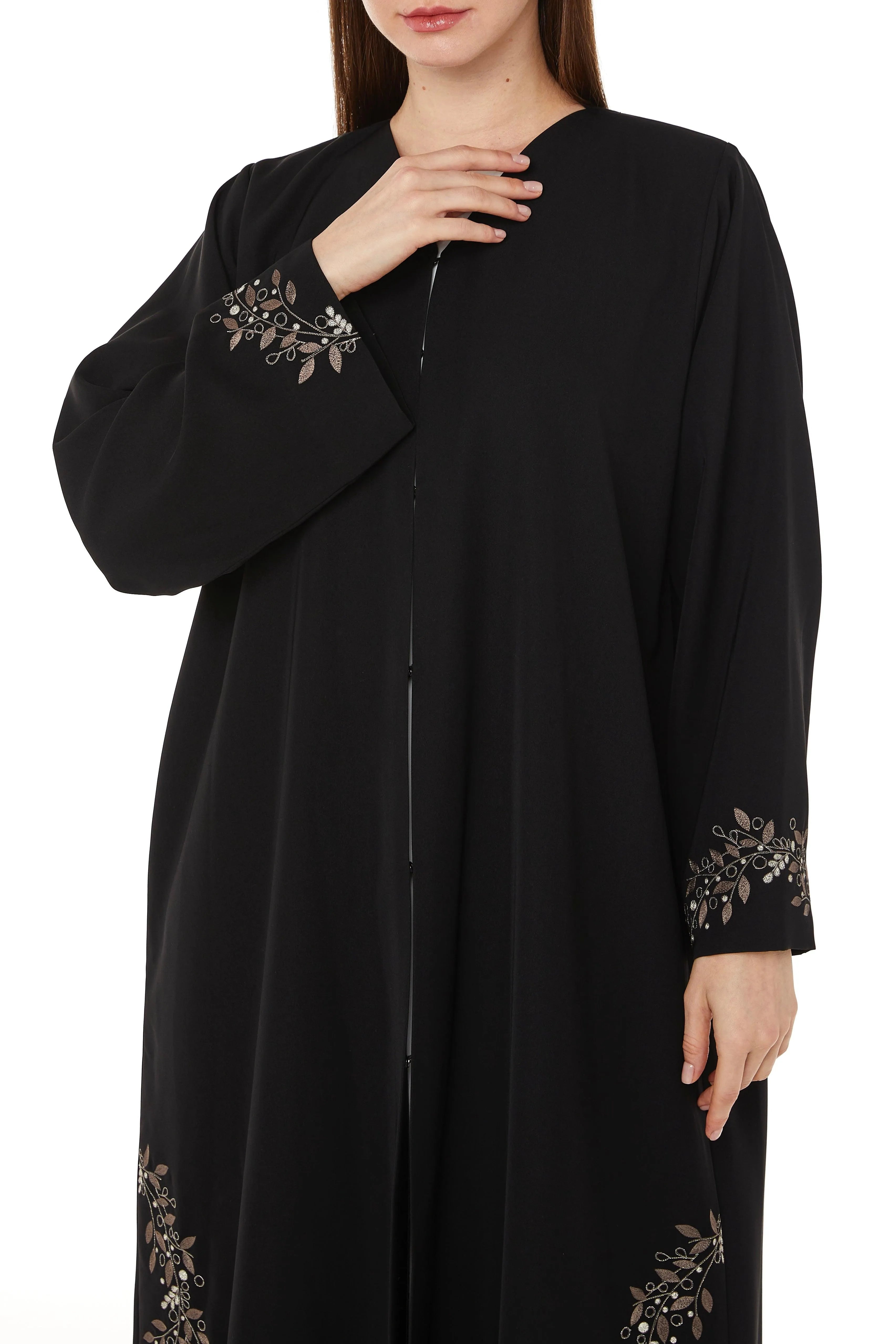 Black Tokyo Crepe with Floral Embroidery - Posh Abaya