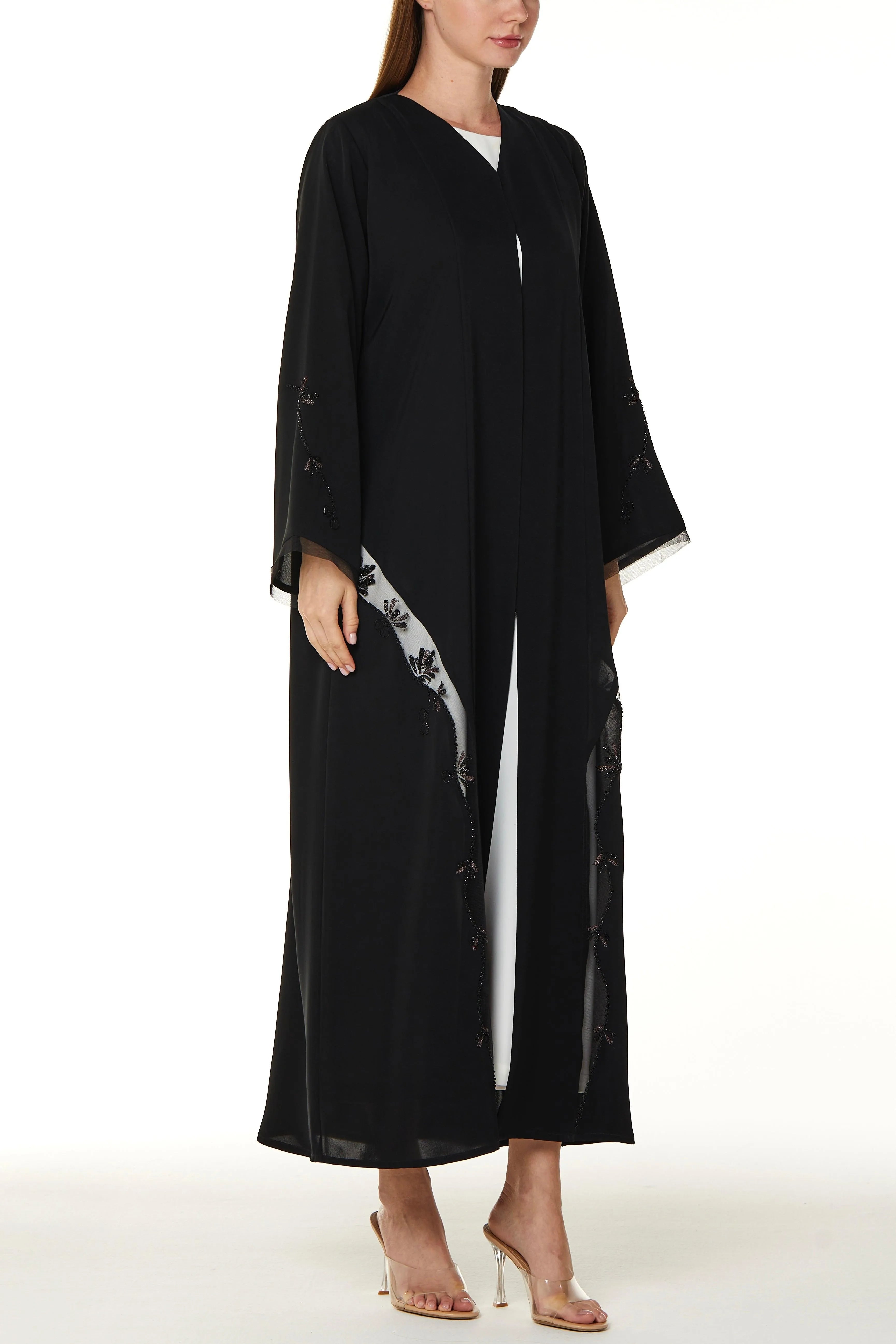 Black Royal Nada Abaya with Copper Beadwork Detail Adorned with Tulle - Posh Abaya