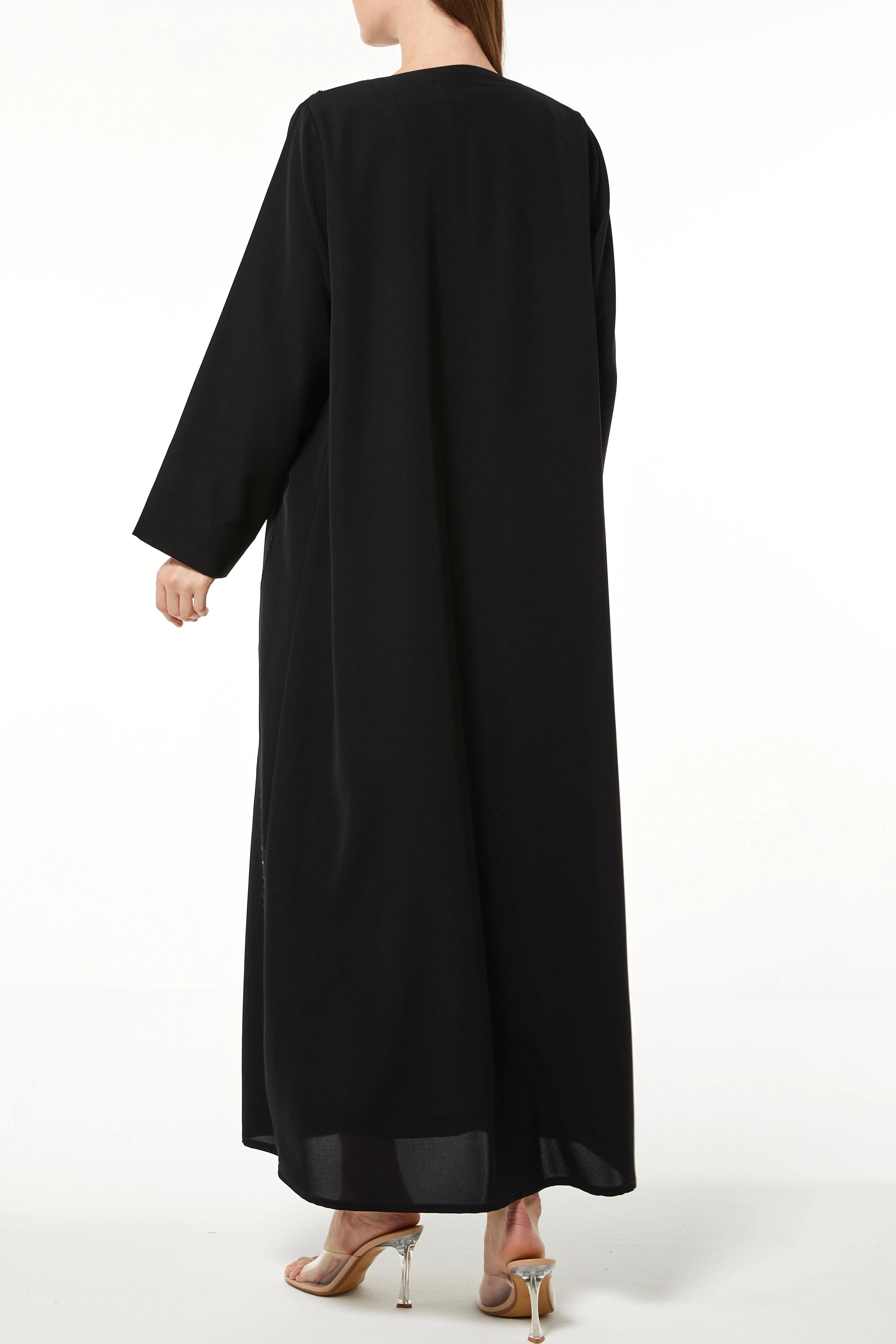 Black Tokyo Crepe Abaya with Front Threadwork and Beads - Posh Abaya
