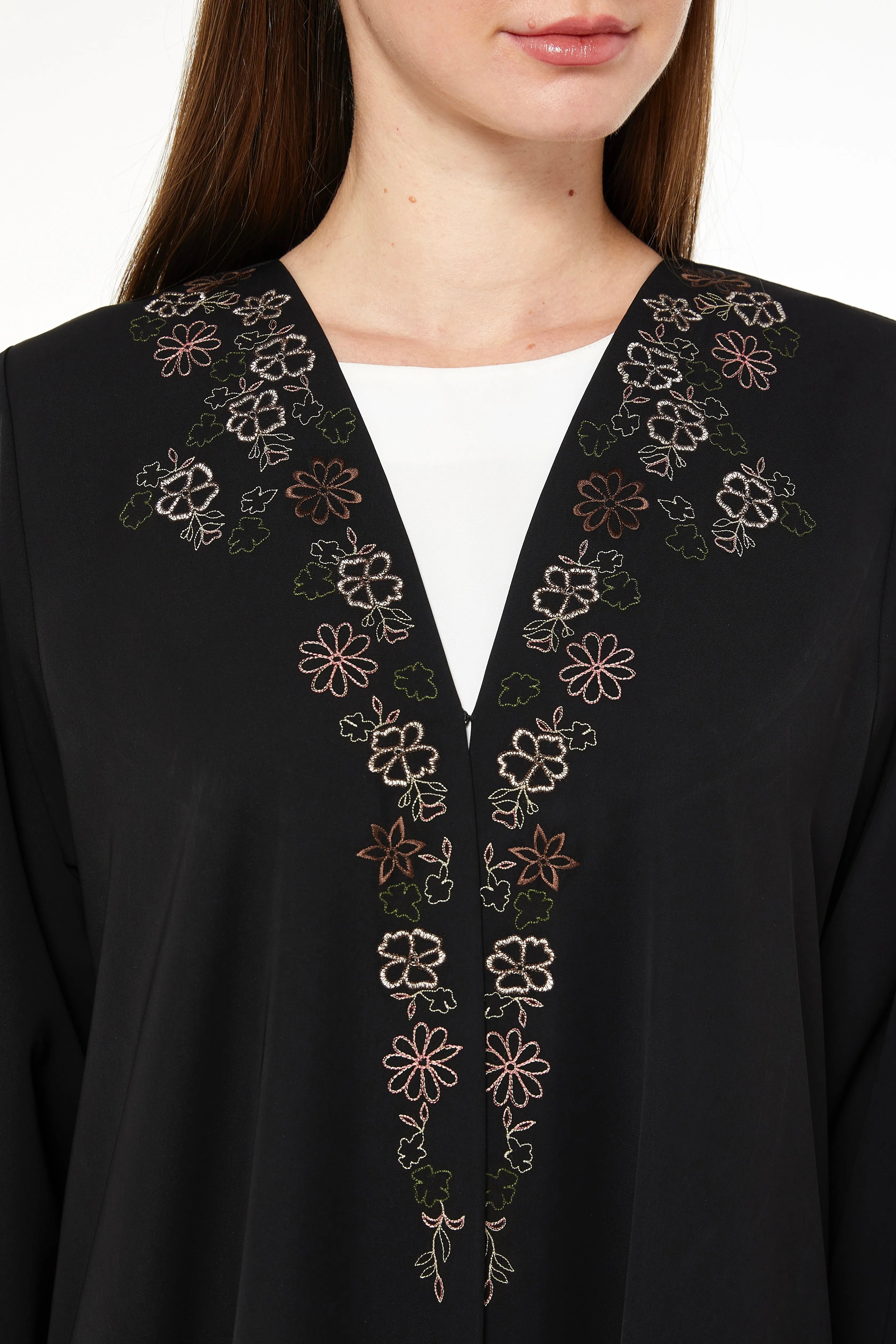 Black Aria Crepe Bisht Abaya with Front Floral Embroidery - Posh Abaya