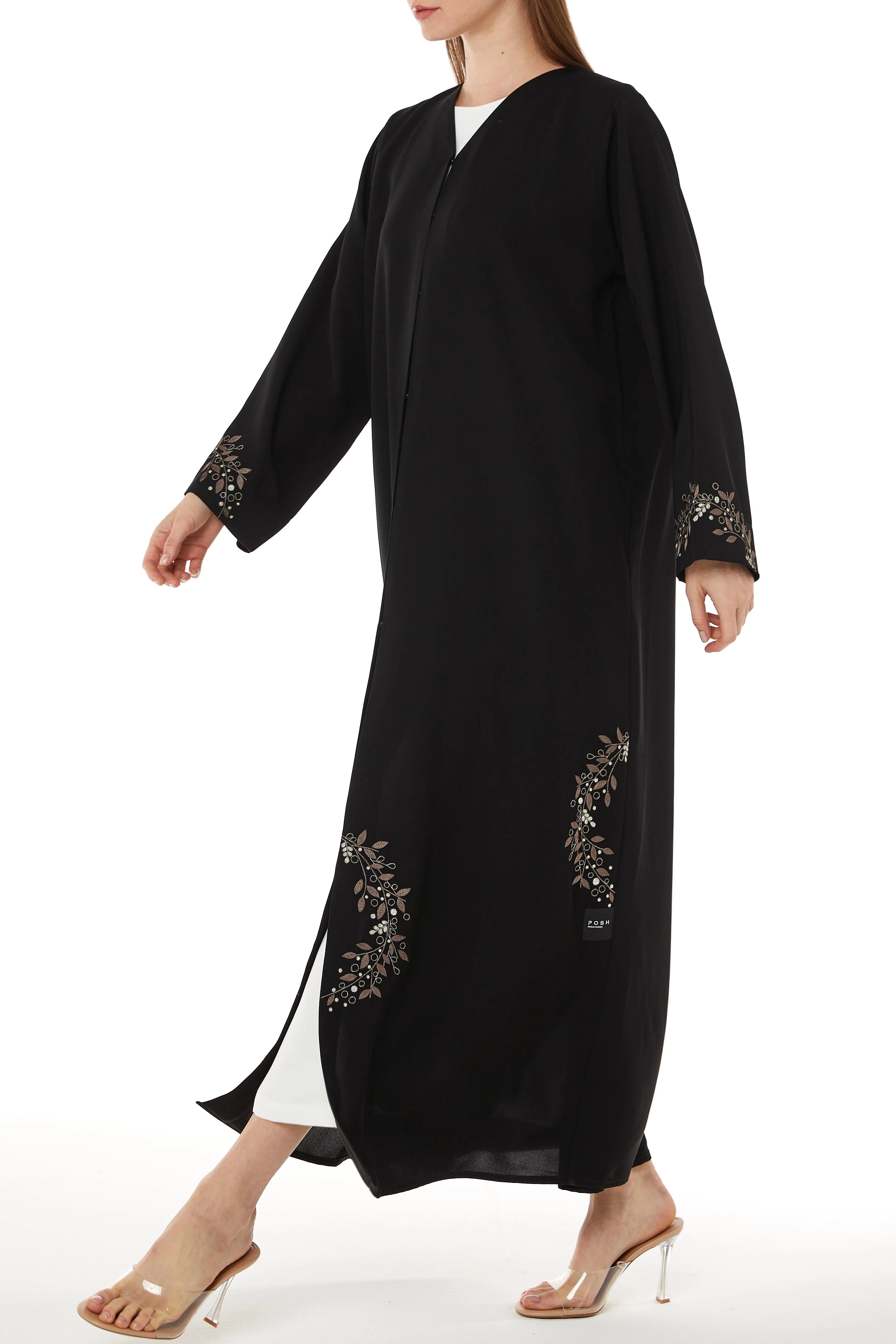 Black Tokyo Crepe with Floral Embroidery - Posh Abaya