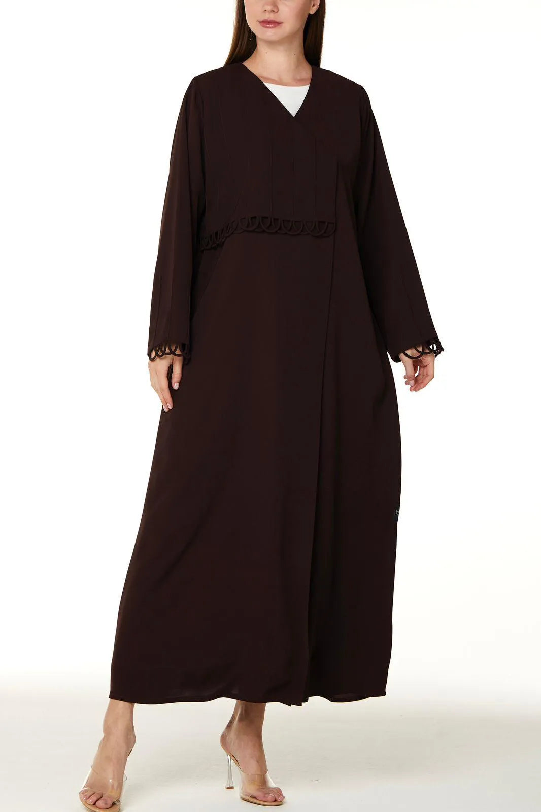Brown Lavender Crepe Abaya with Front Overlap Loop Details - Posh Abaya