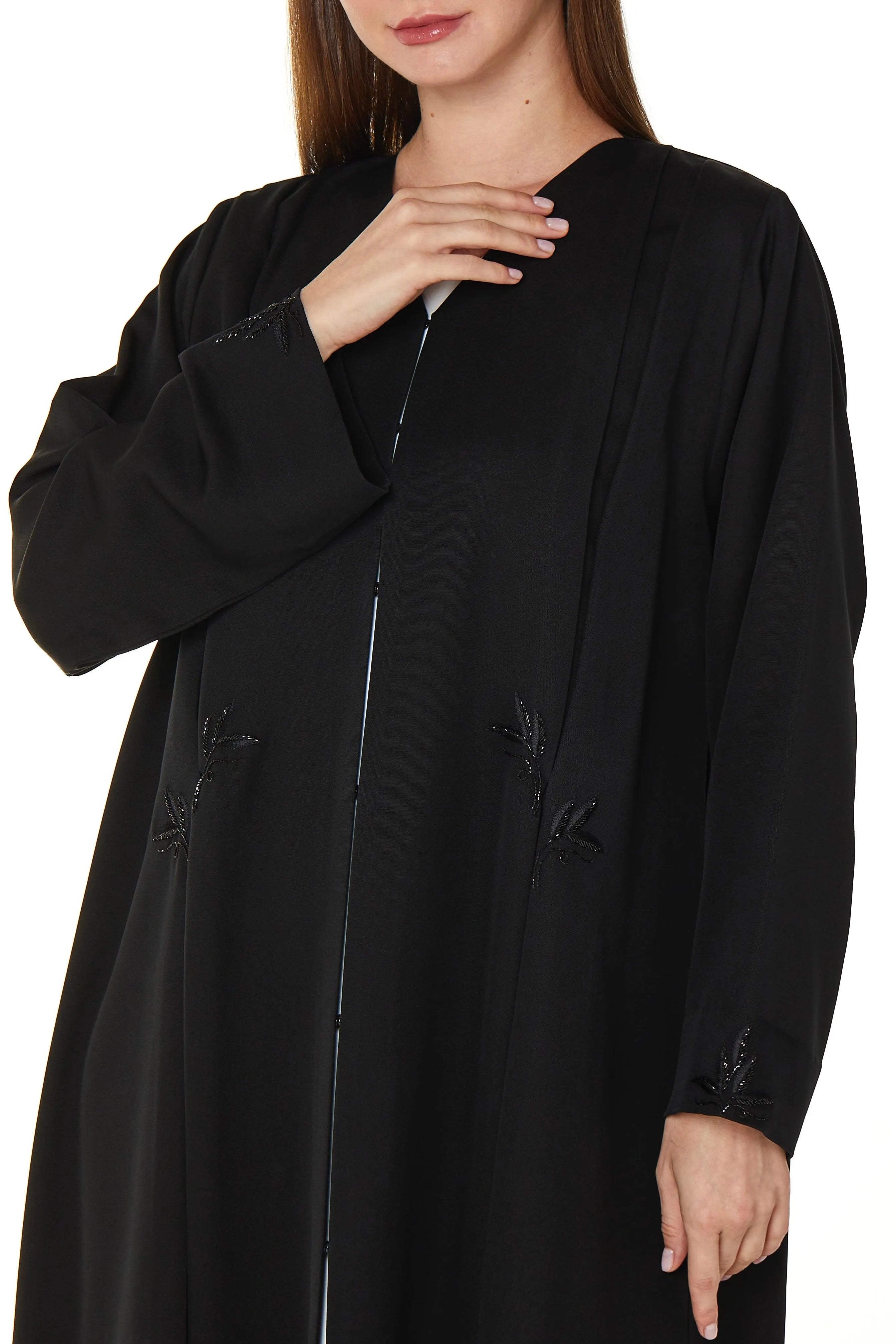 Black Emarati Crepe Abaya with Front Pleats and Threadwork - Posh Abaya
