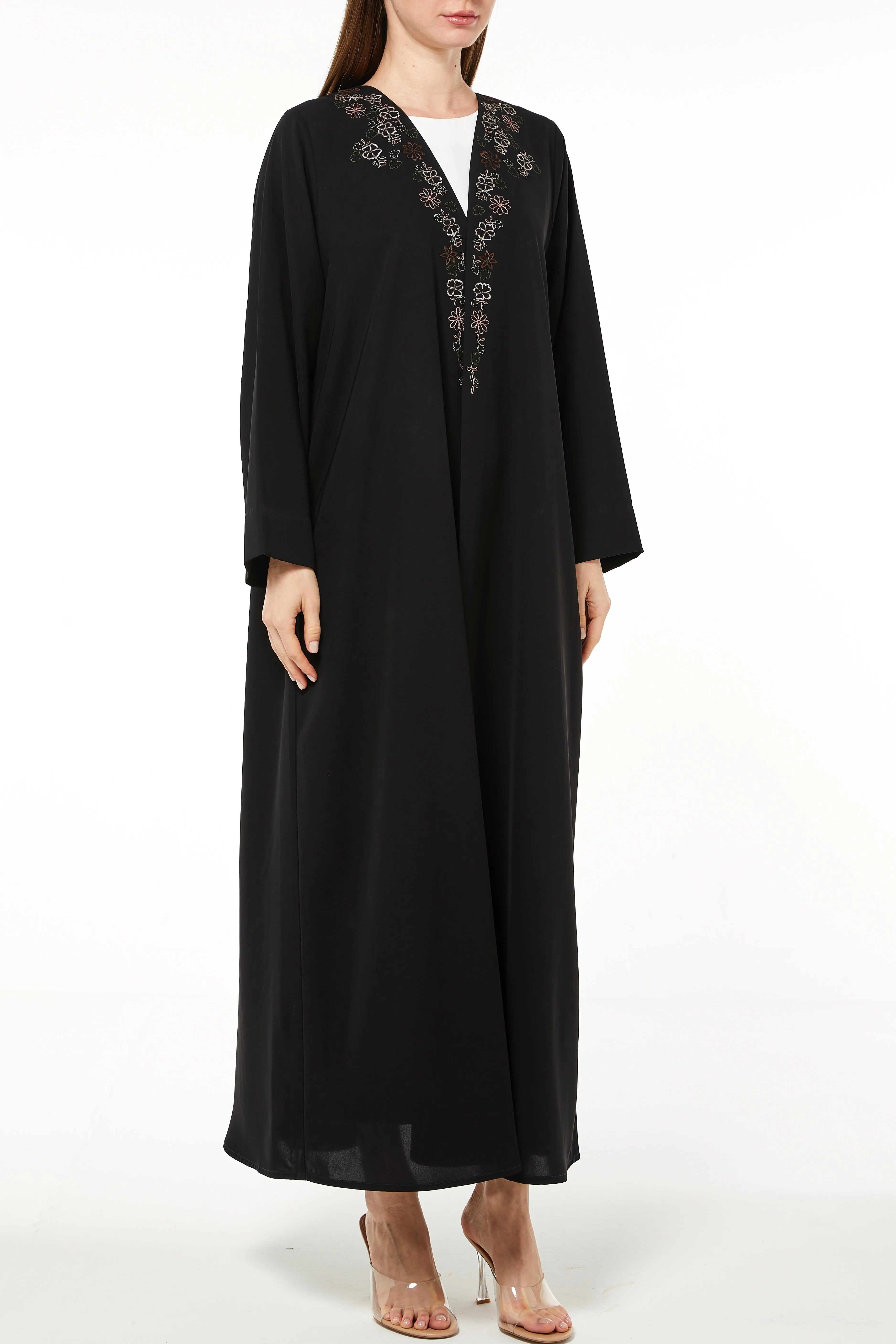 Black Aria Crepe Bisht Abaya with Front Floral Embroidery - Posh Abaya