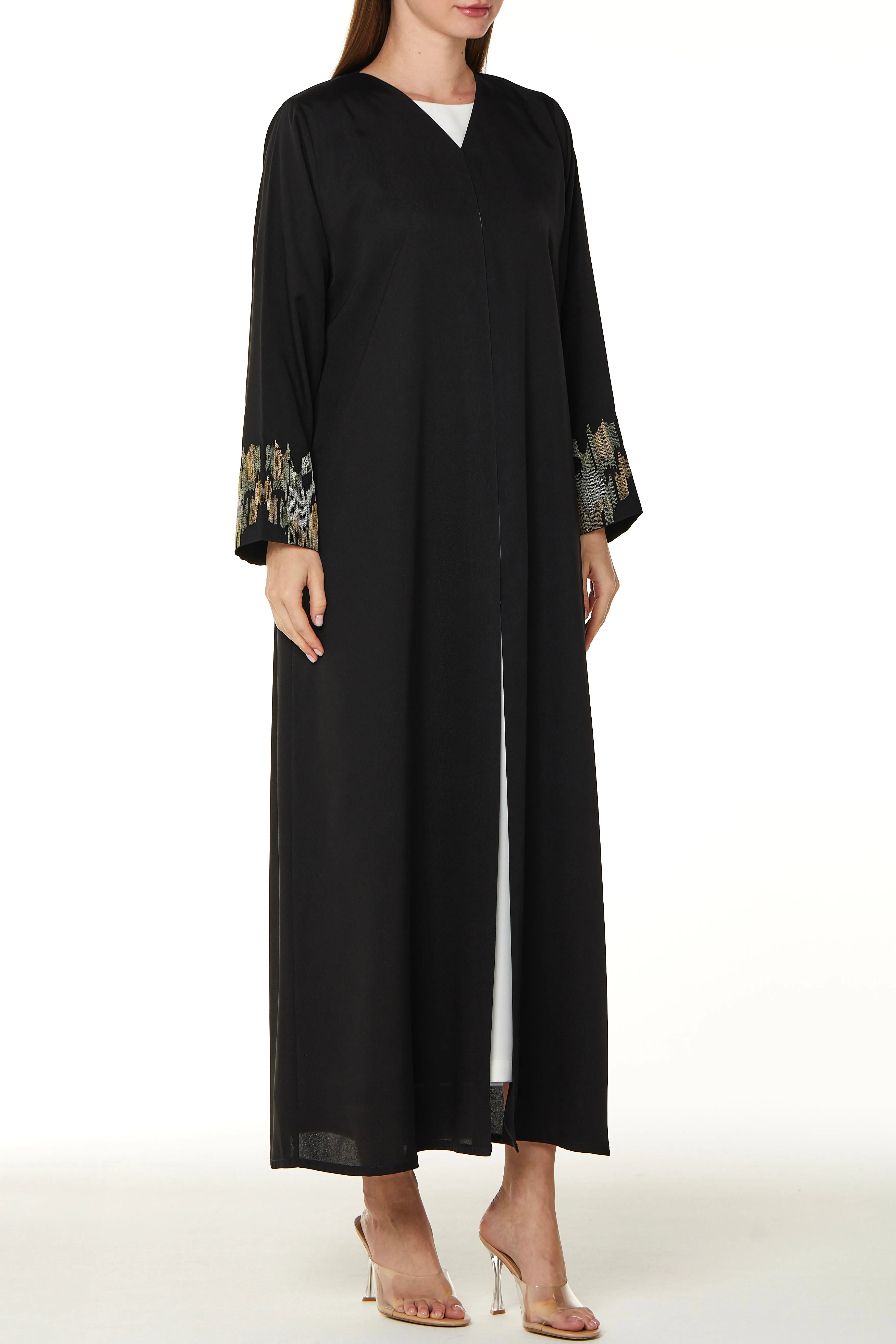 Black Sana Crepe Abaya with Abstract Sleeve Embroidery - Posh Abaya