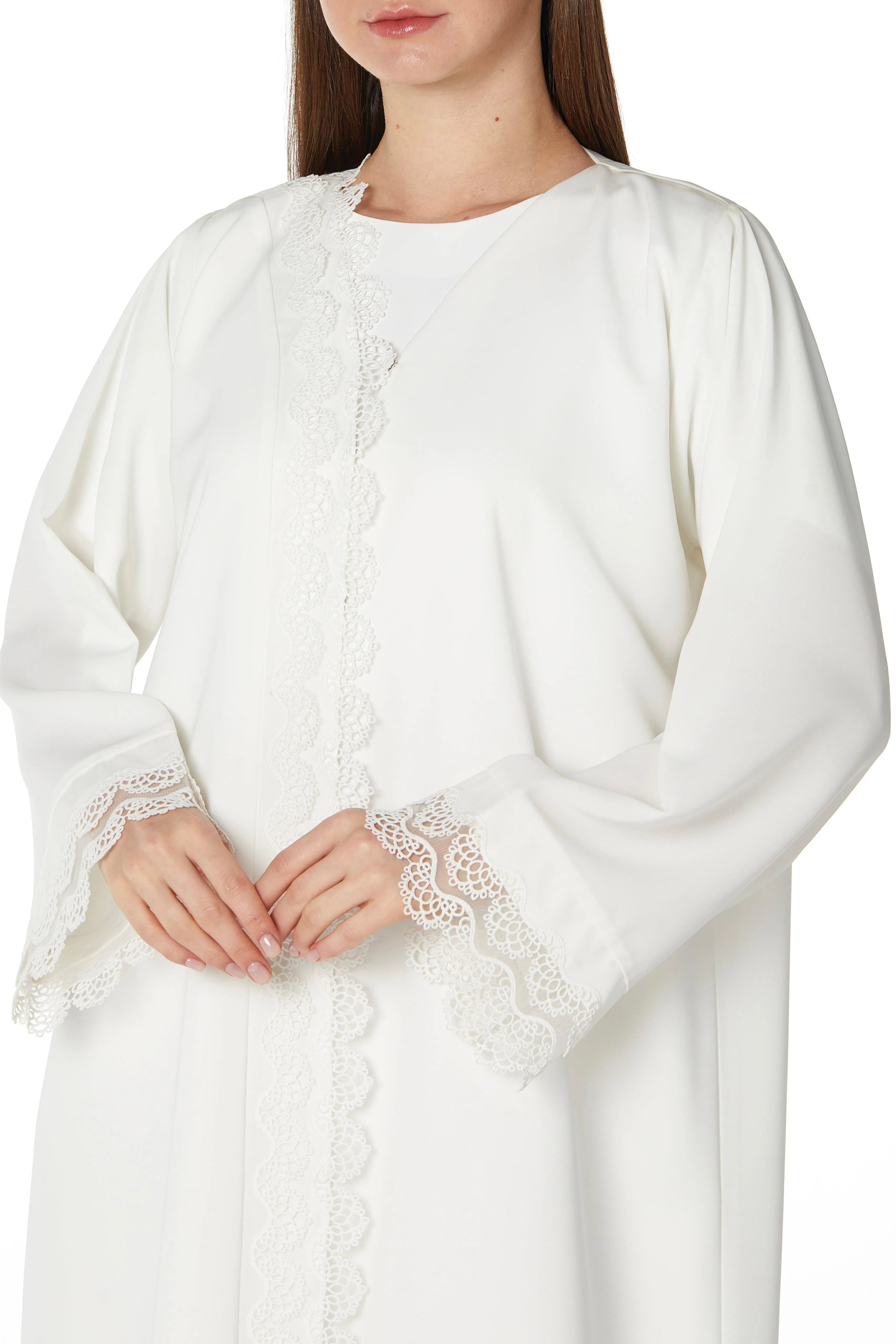 Overlap & Lace Soft Crepe White Abaya - Posh Abaya