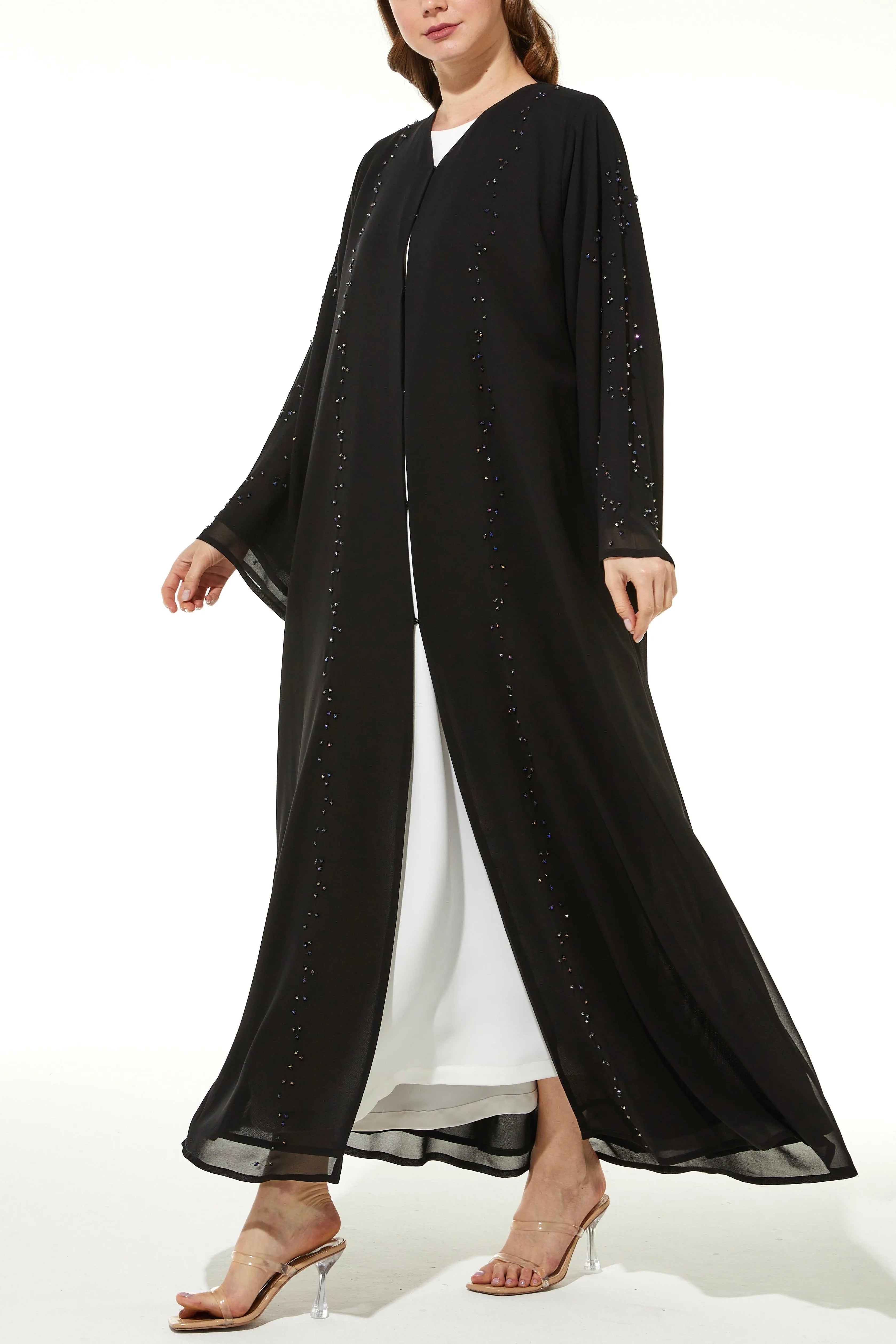 Black Lily Chiffon with Shiny Scattered Beadwork - Posh Abaya