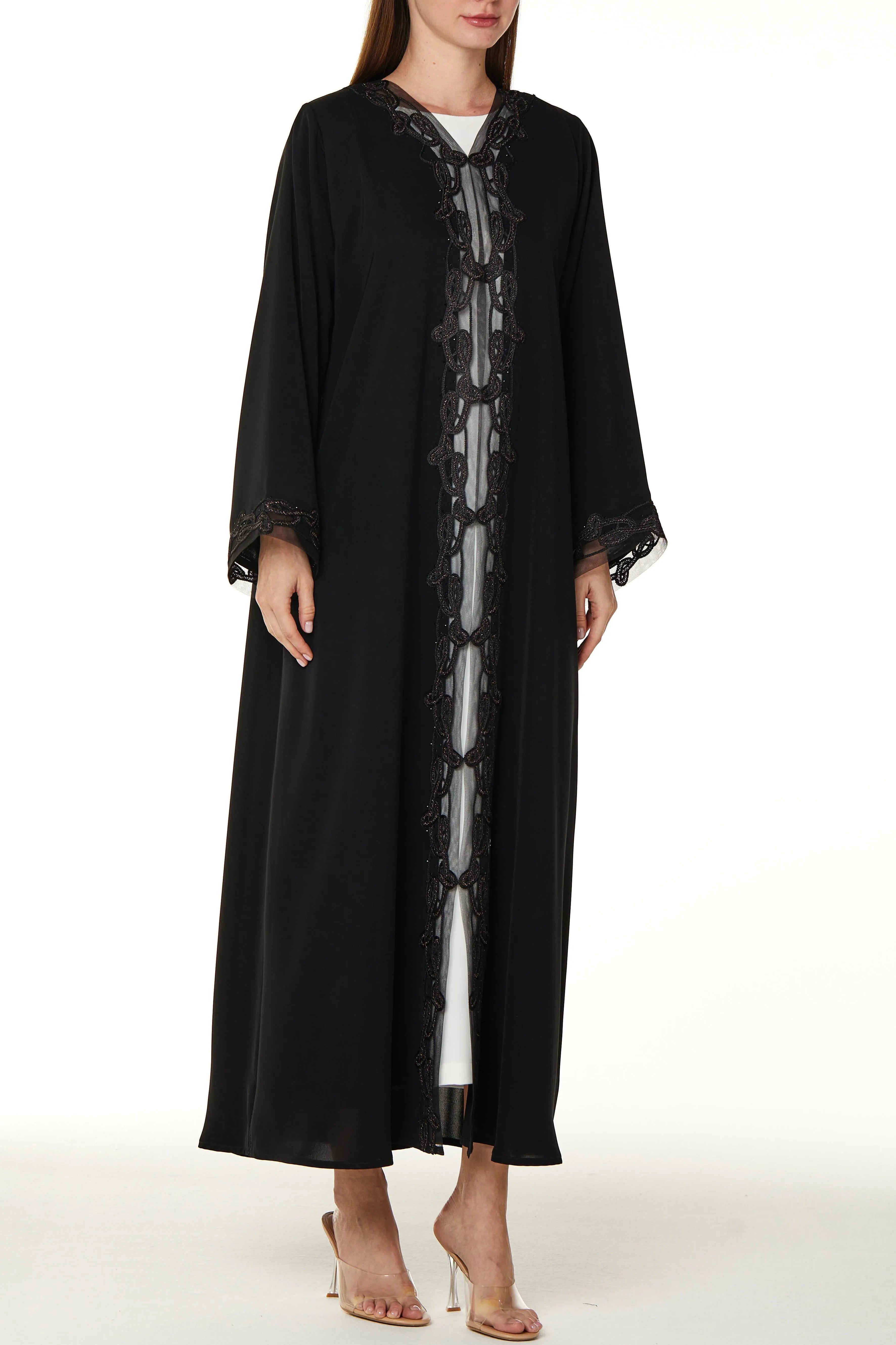 Black Royal Nada Abaya with Tulle and Copper Lacework Detail - Posh Abaya