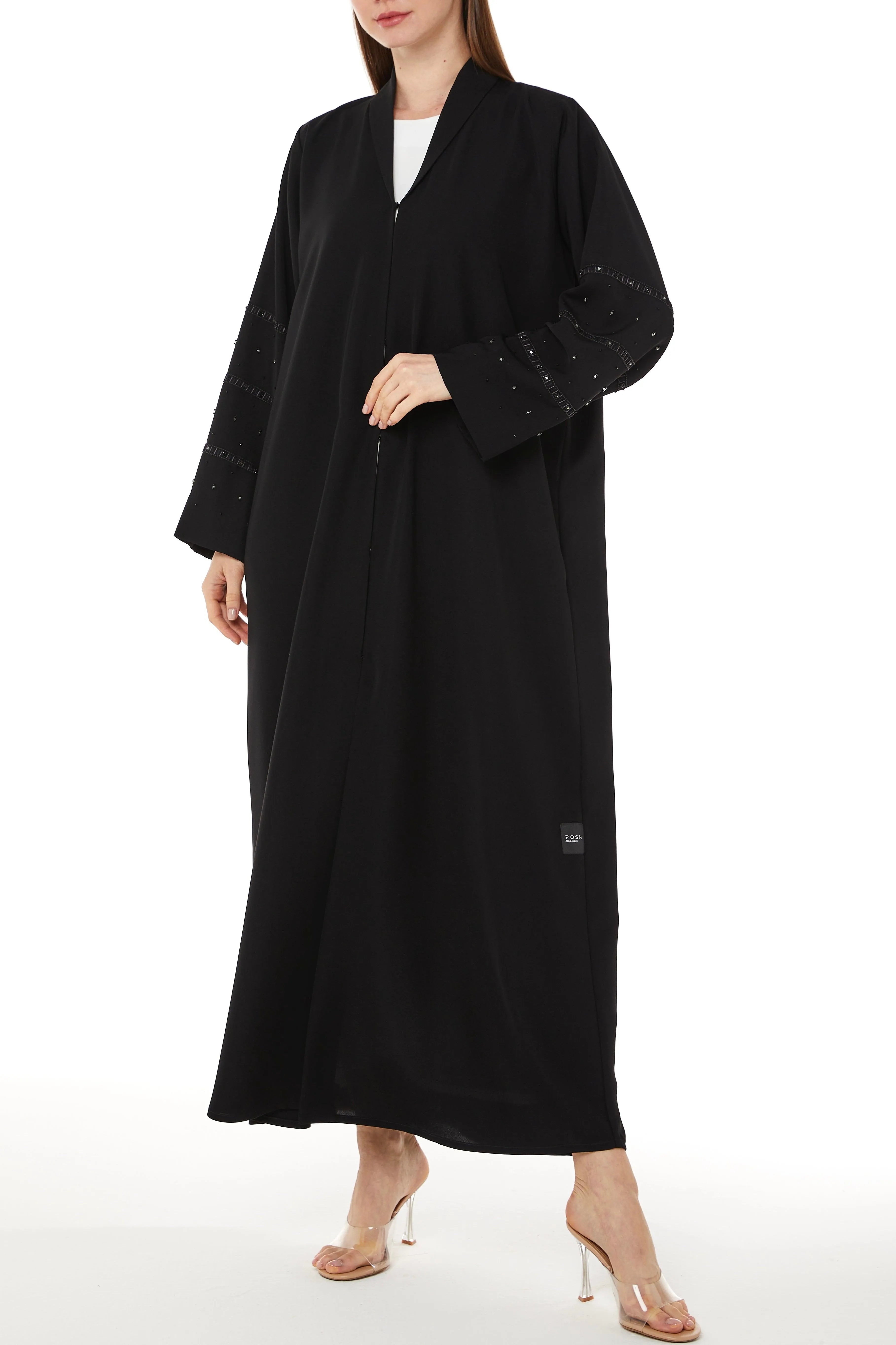 Black Tokyo Crepe Abaya with Collar and Beadwork on Sleeves - Posh Abaya
