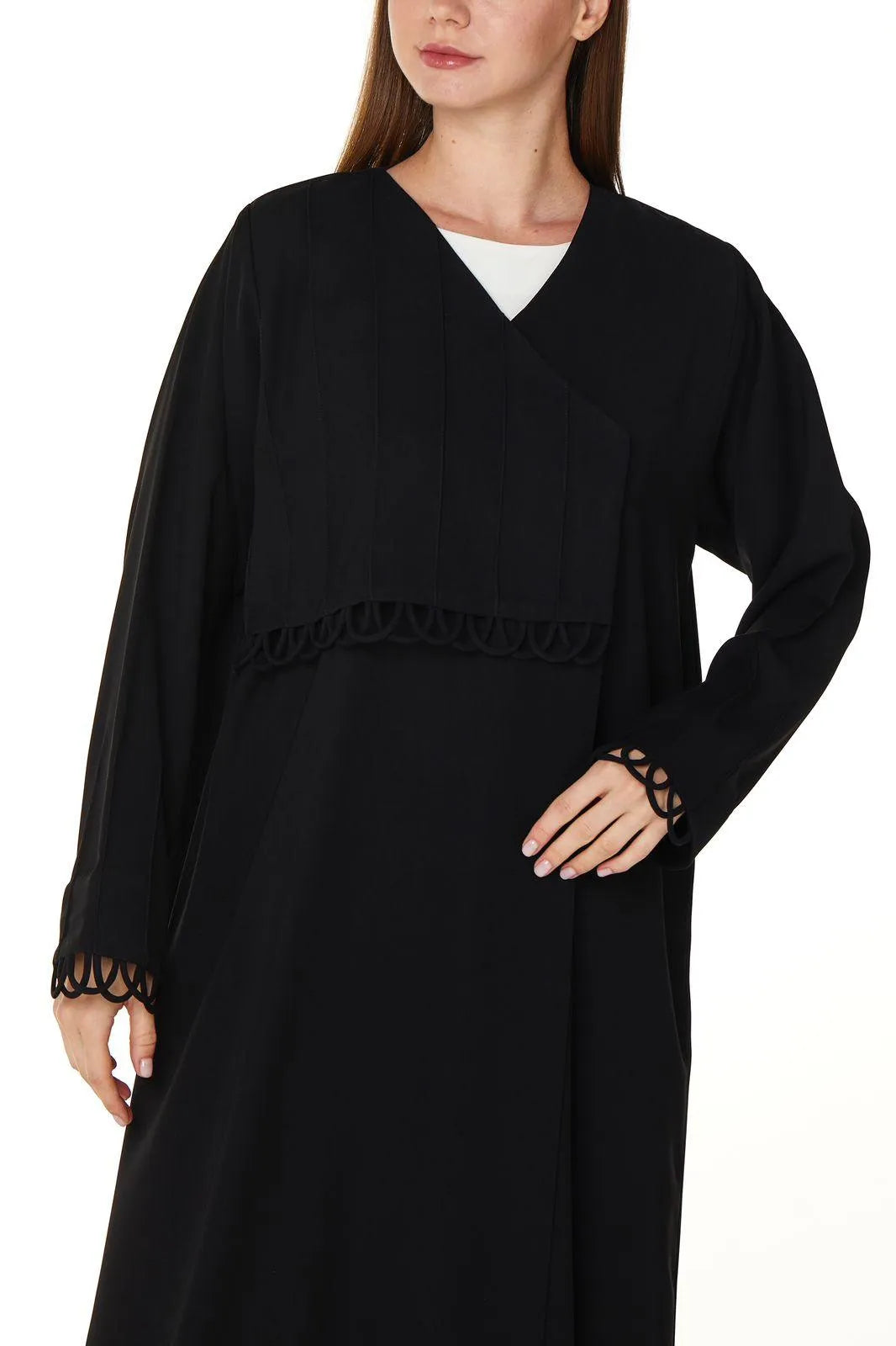 Black Layan Crepe Abaya with Front Overlap Loop Details - Posh Abaya