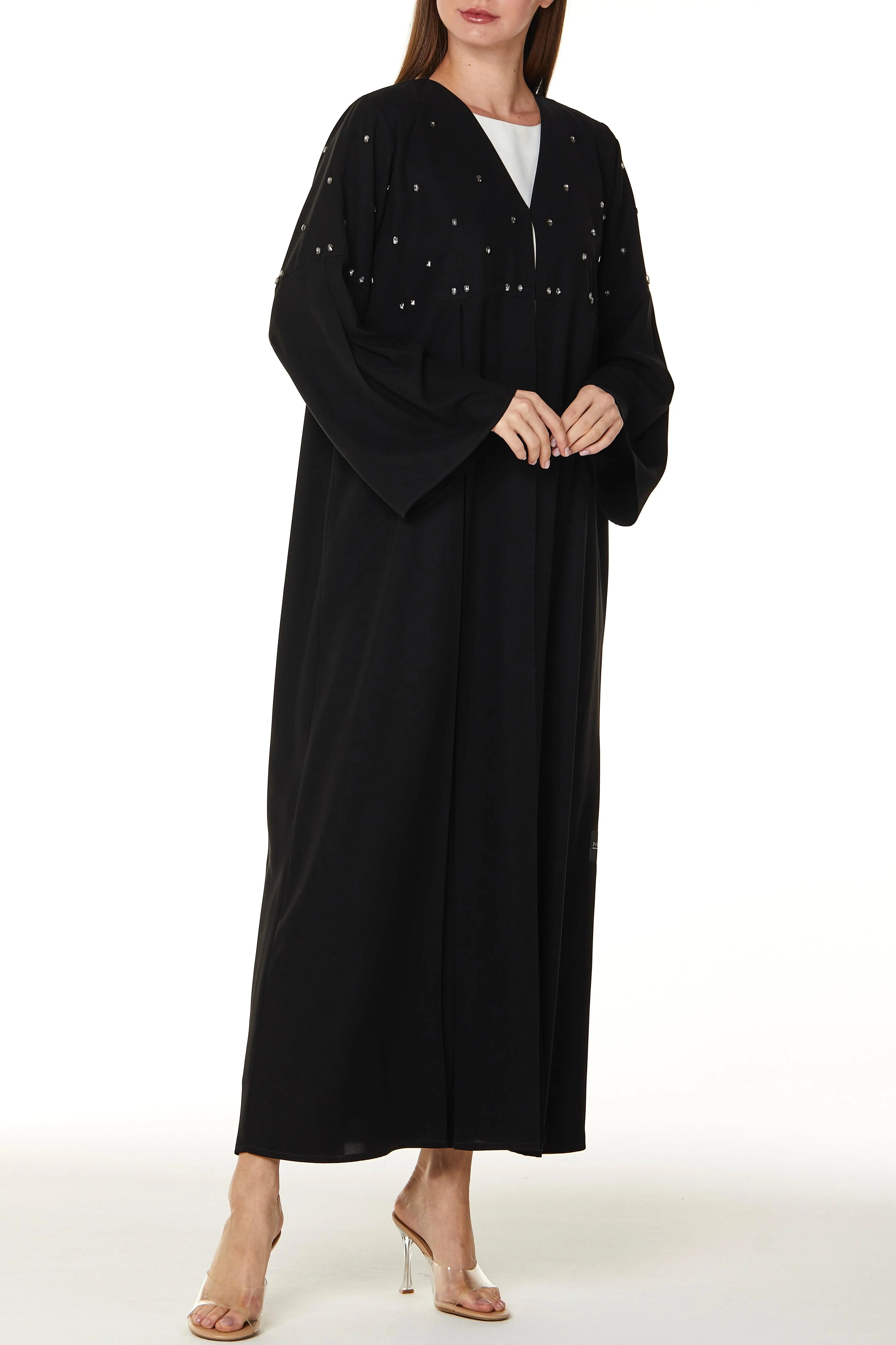 Black Aria Crepe Abaya with Front Pleats with Beaded Front Panel and Flared Sleeves - Posh Abaya