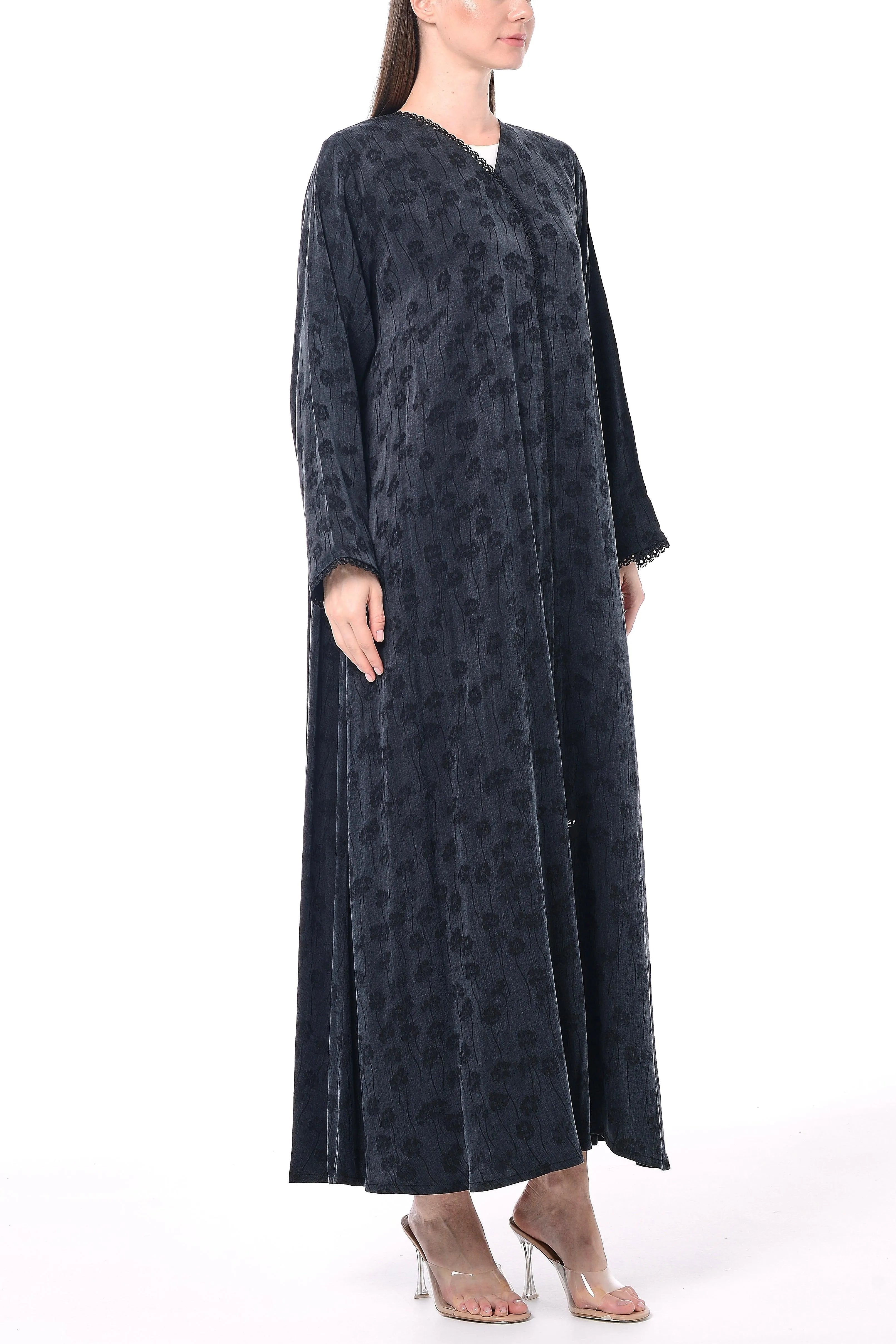 Black Furla Cupro Abaya with Front Overlap and Lace Detail - Posh Abaya