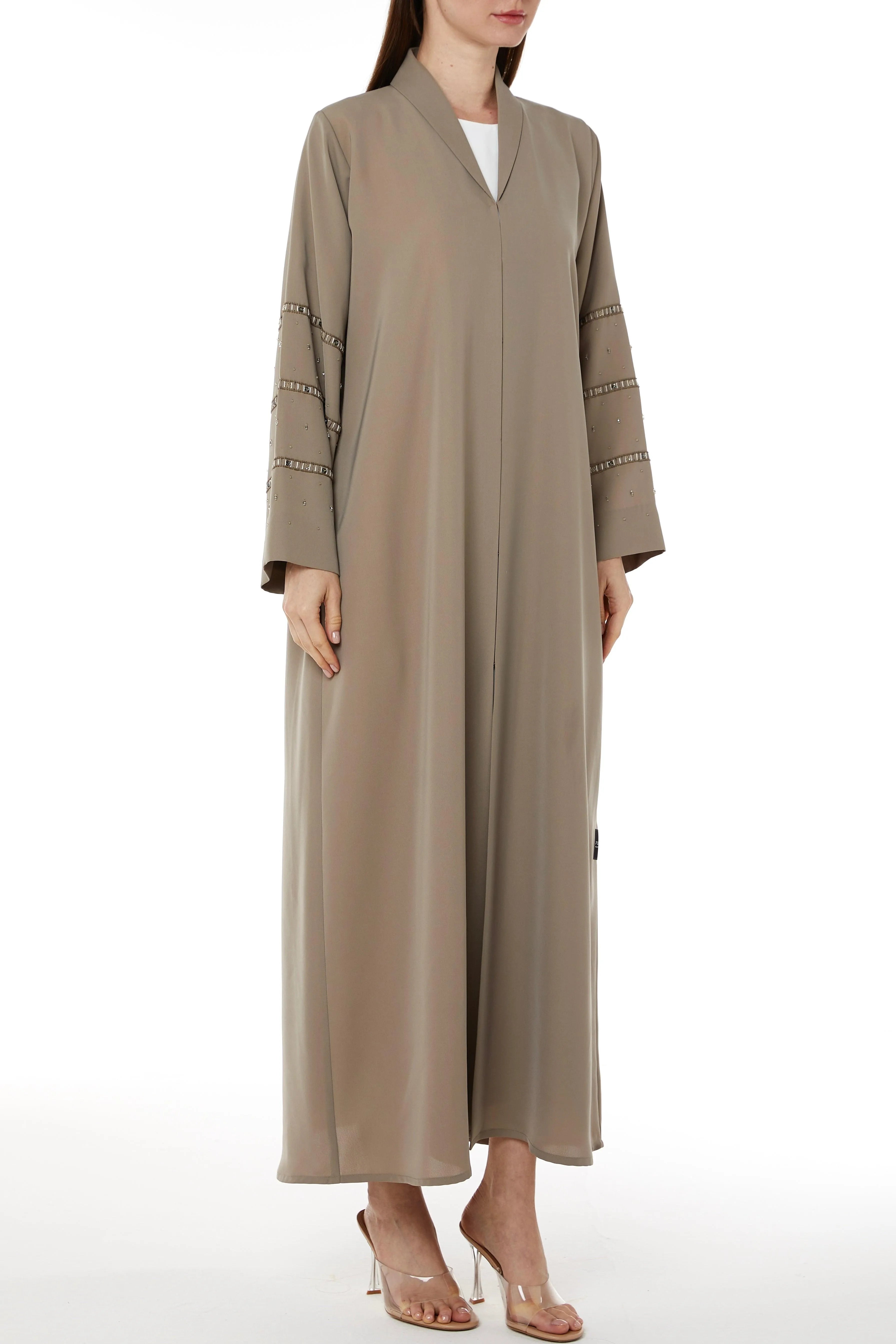 Beige Tokyo Crepe Abaya with Collar and Beadwork on Sleeves - Posh Abaya