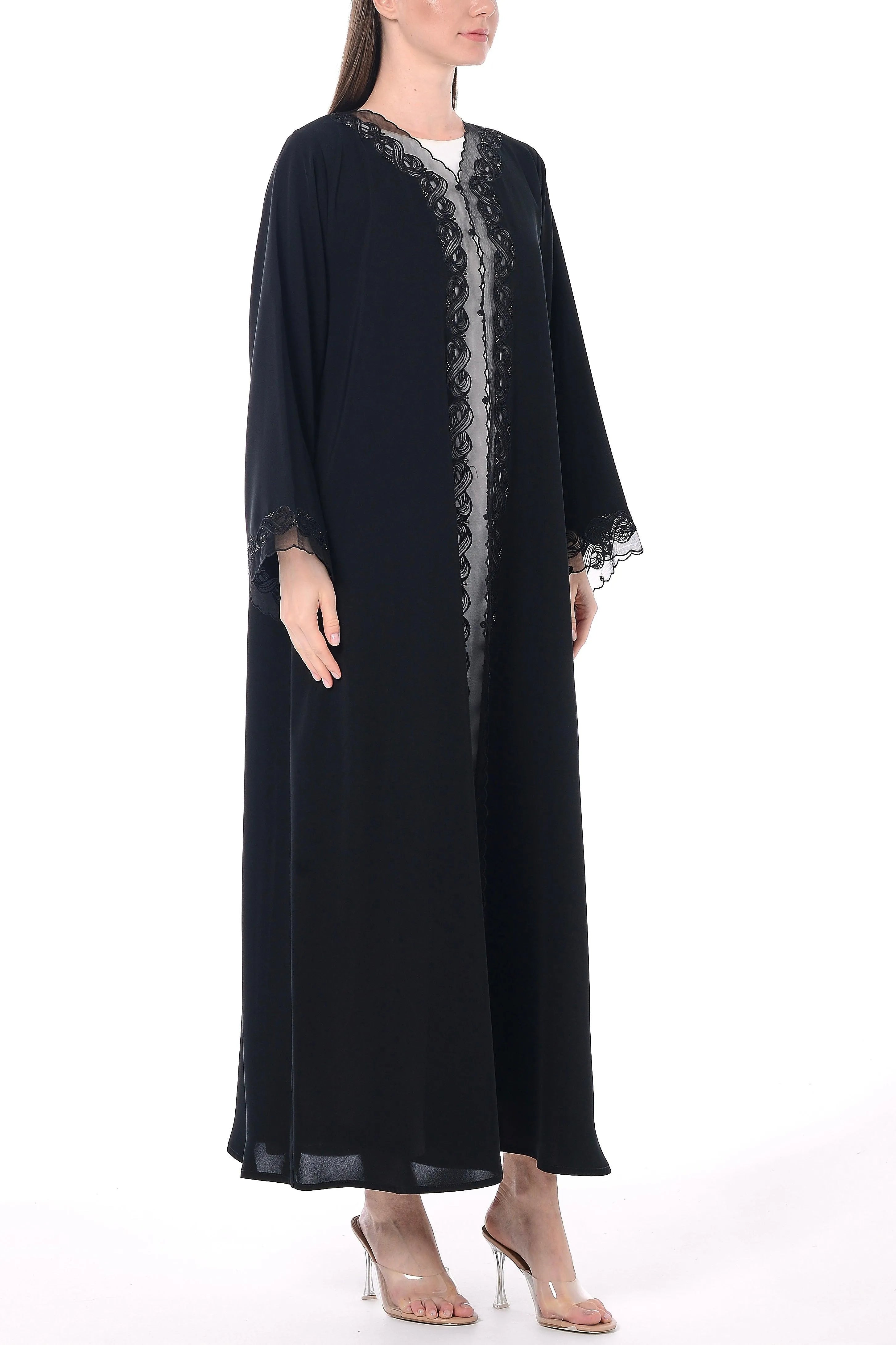 Black Royal Nada Abaya with Tulle and Front Lacework Detail - Posh Abaya