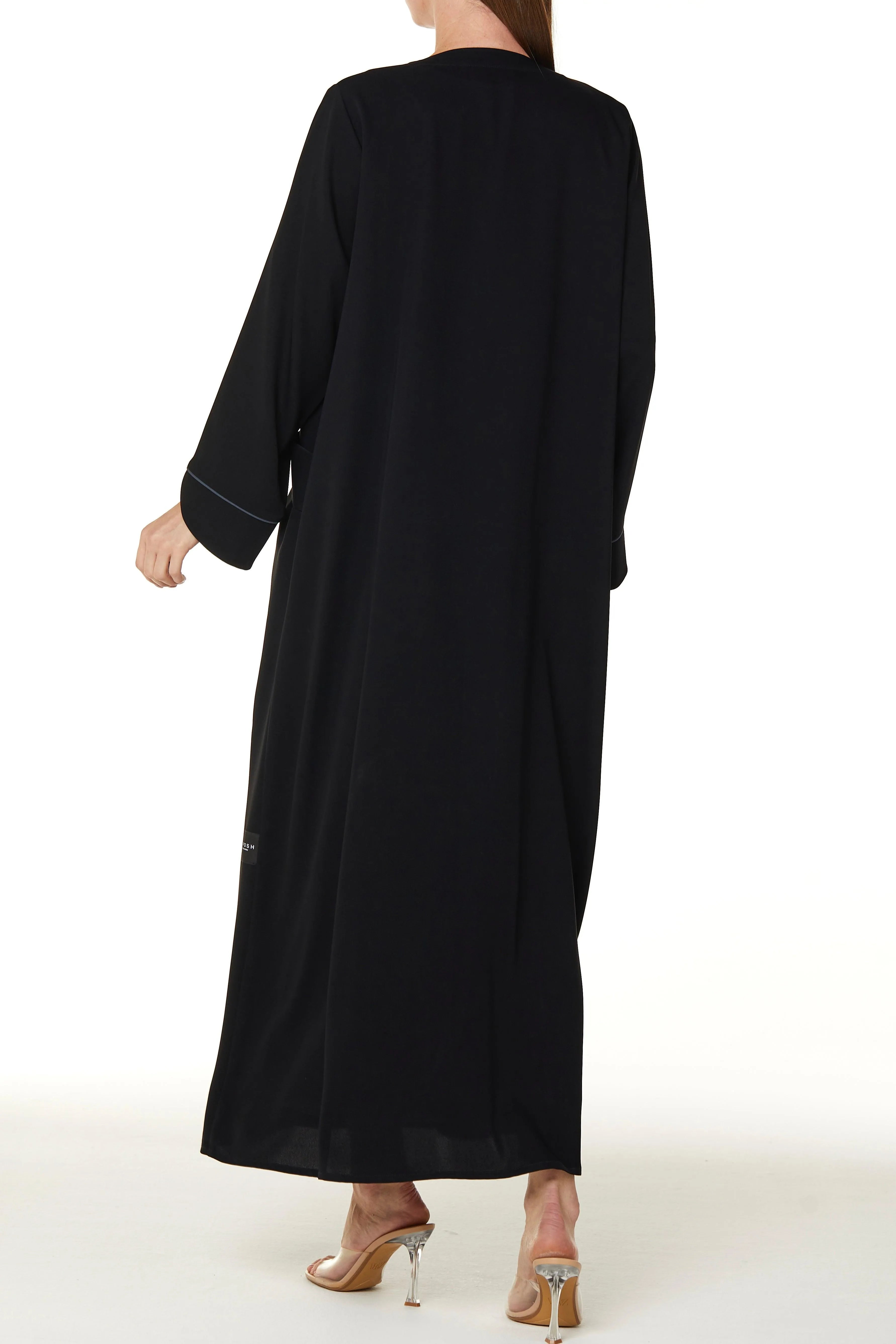 Black Layan Crepe Abaya with Collar and Piping Detail - Posh Abaya