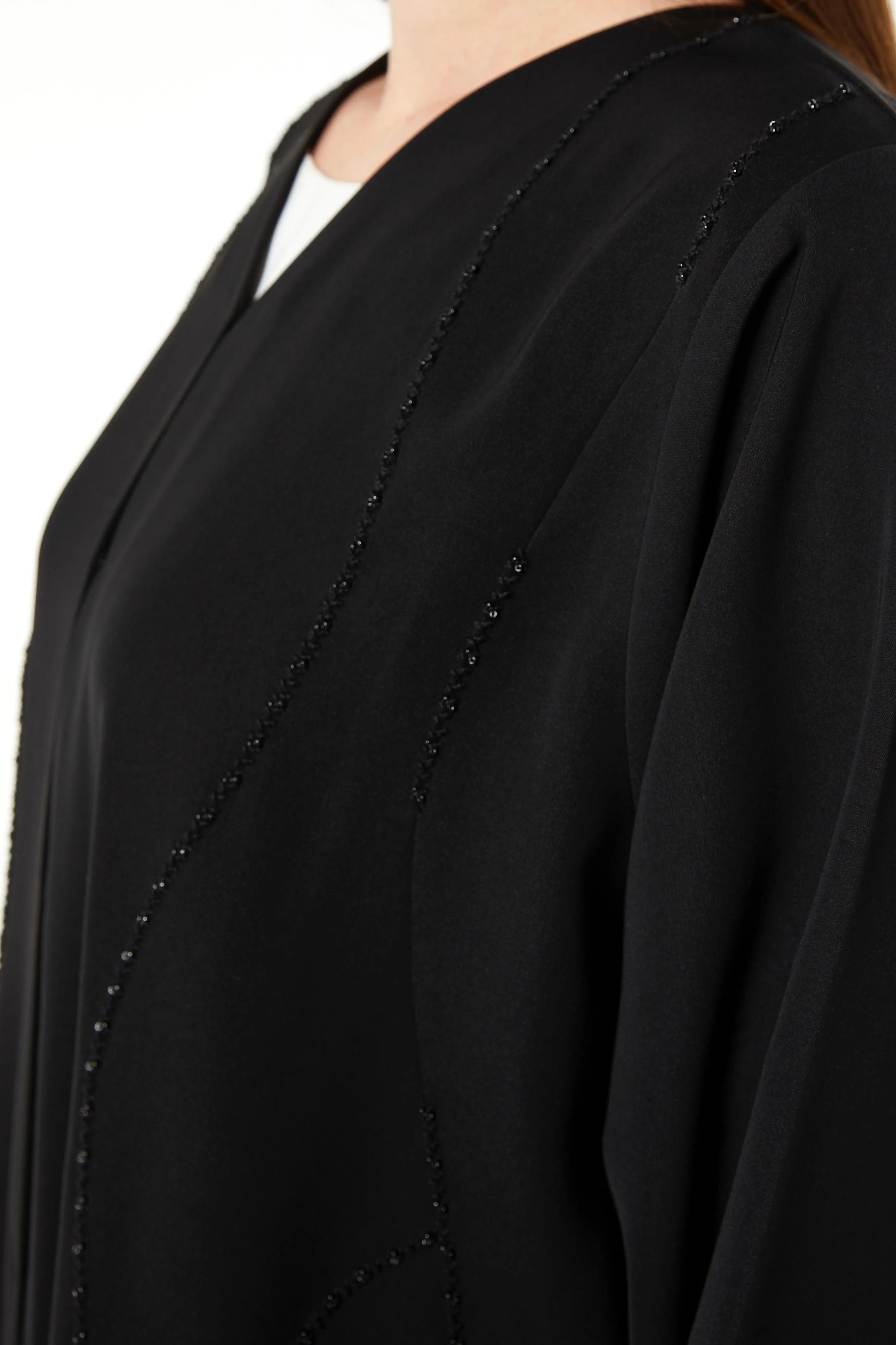 Black Tokyo Crepe Abaya with Front Threadwork and Beads - Posh Abaya