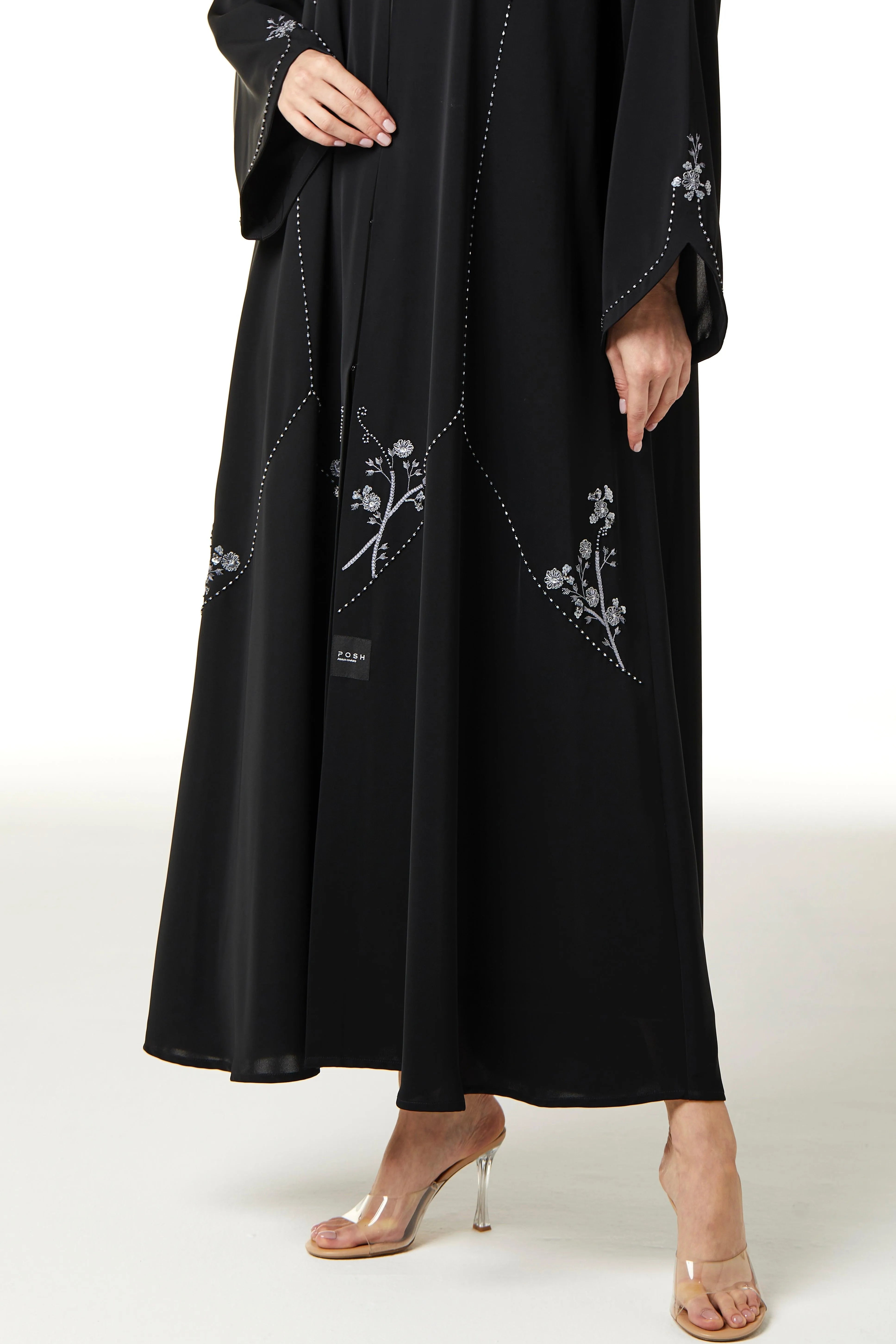 Black Royal Nada Abaya with Front Beaded Cuts and Floral Beadwork Detail - Posh Abaya