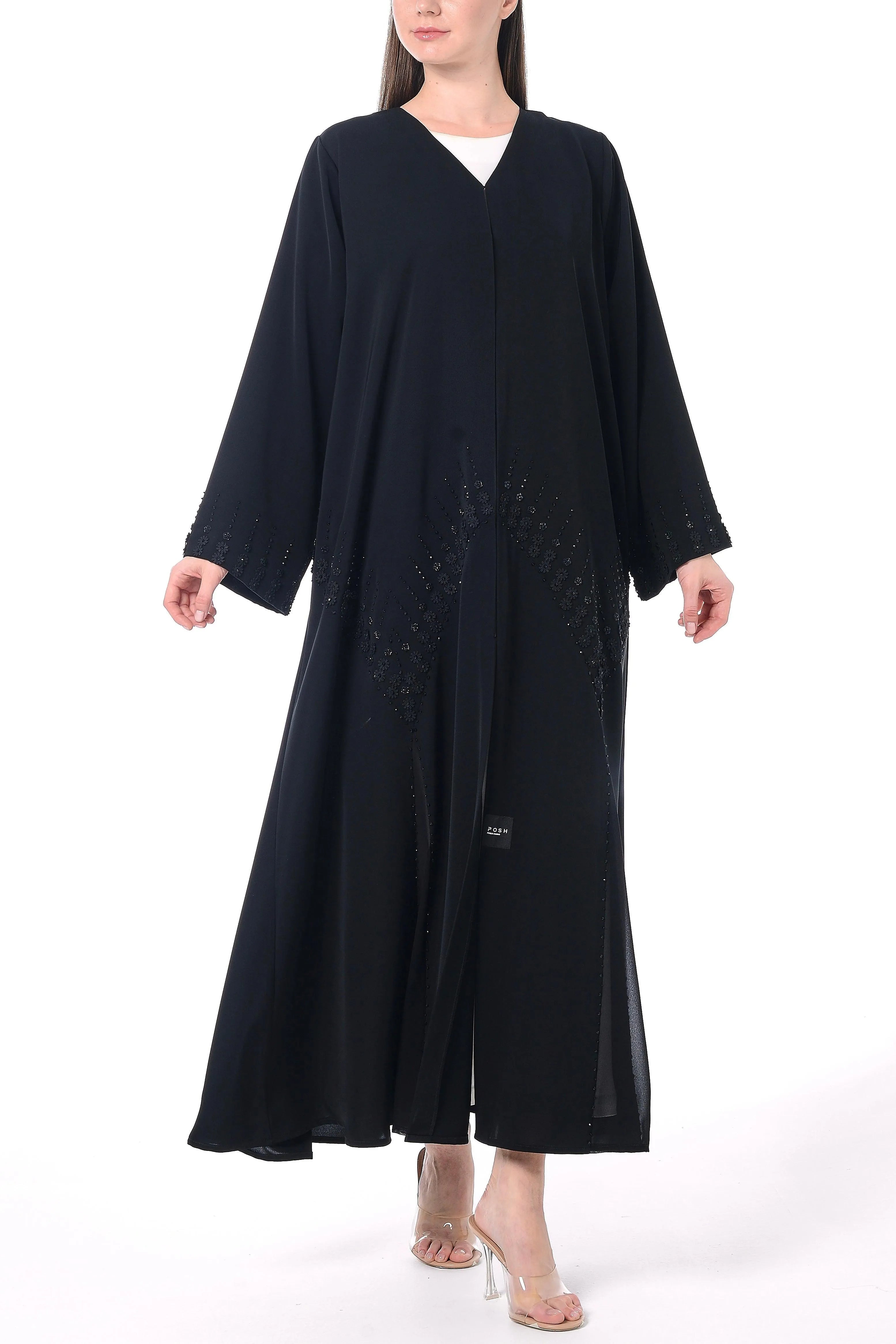 Black Royal Nada Abaya with Front Cut Adorned by Applique Flowers and Beadwork Detail - Posh Abaya