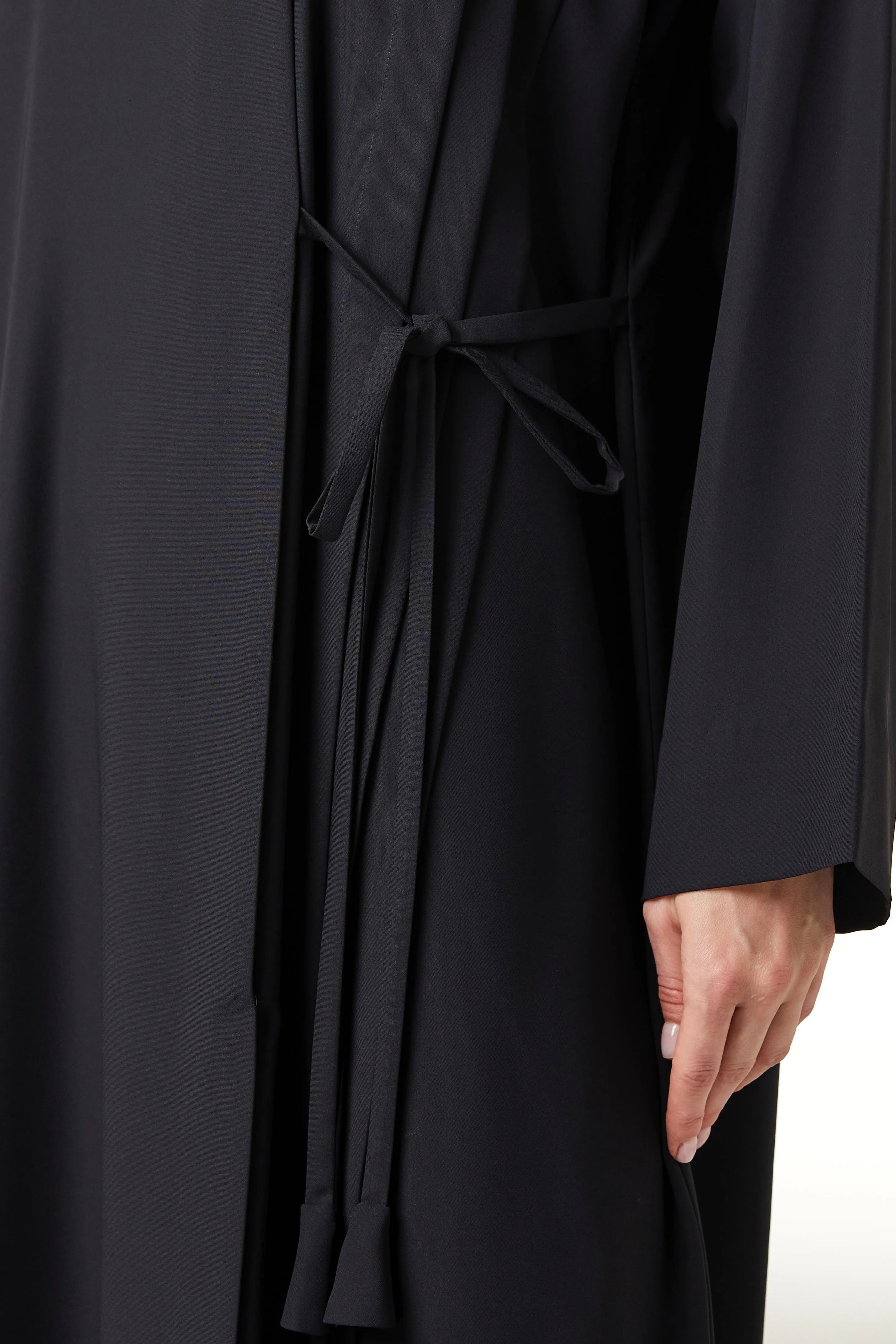 Black Cool Crepe Overlap Abaya with Front Tie-up with Pleats - Posh Abaya