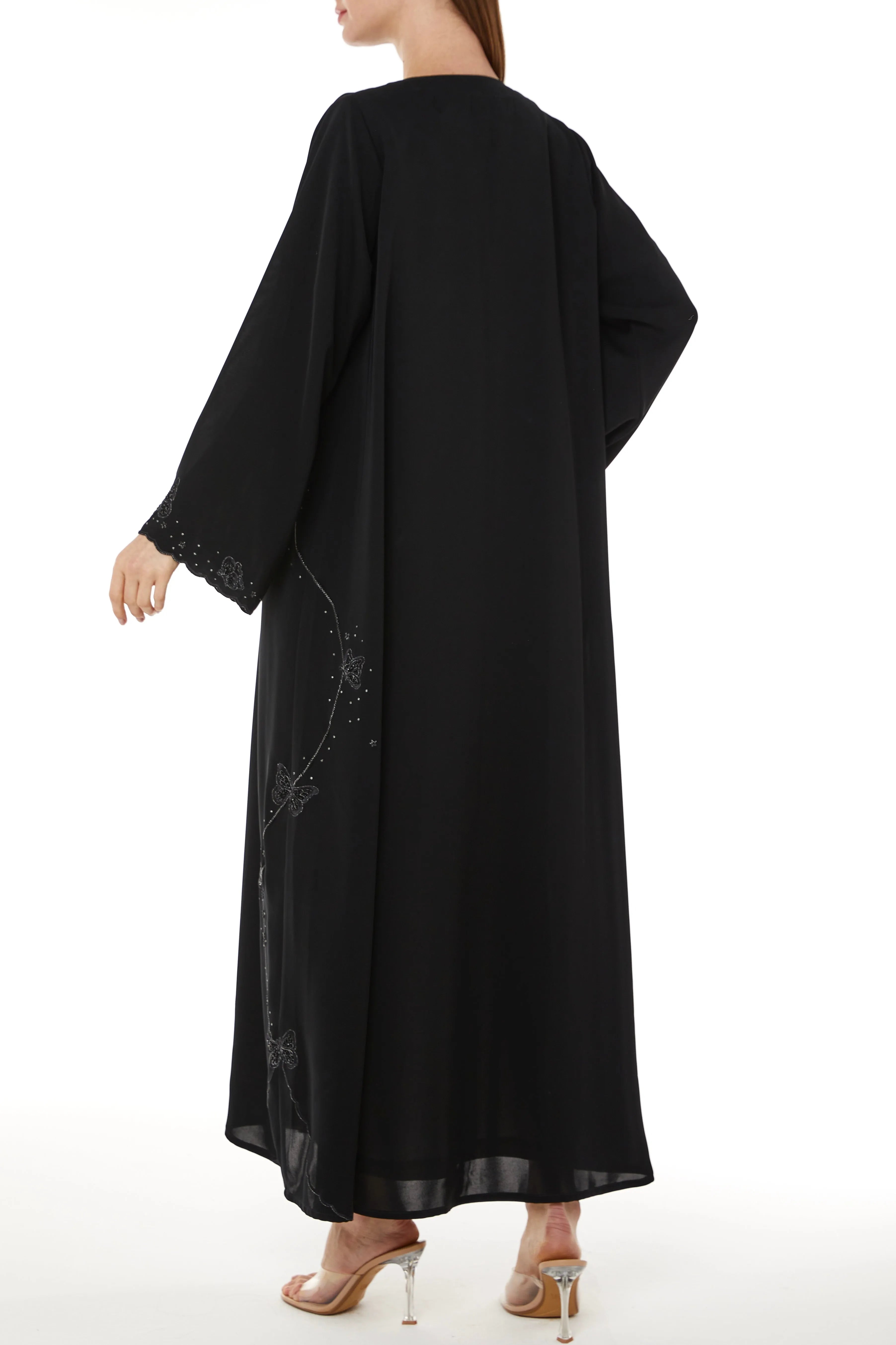 Black Salmi Nada Abaya with Flared Sleeves and Butterfly Embroidery - Posh Abaya