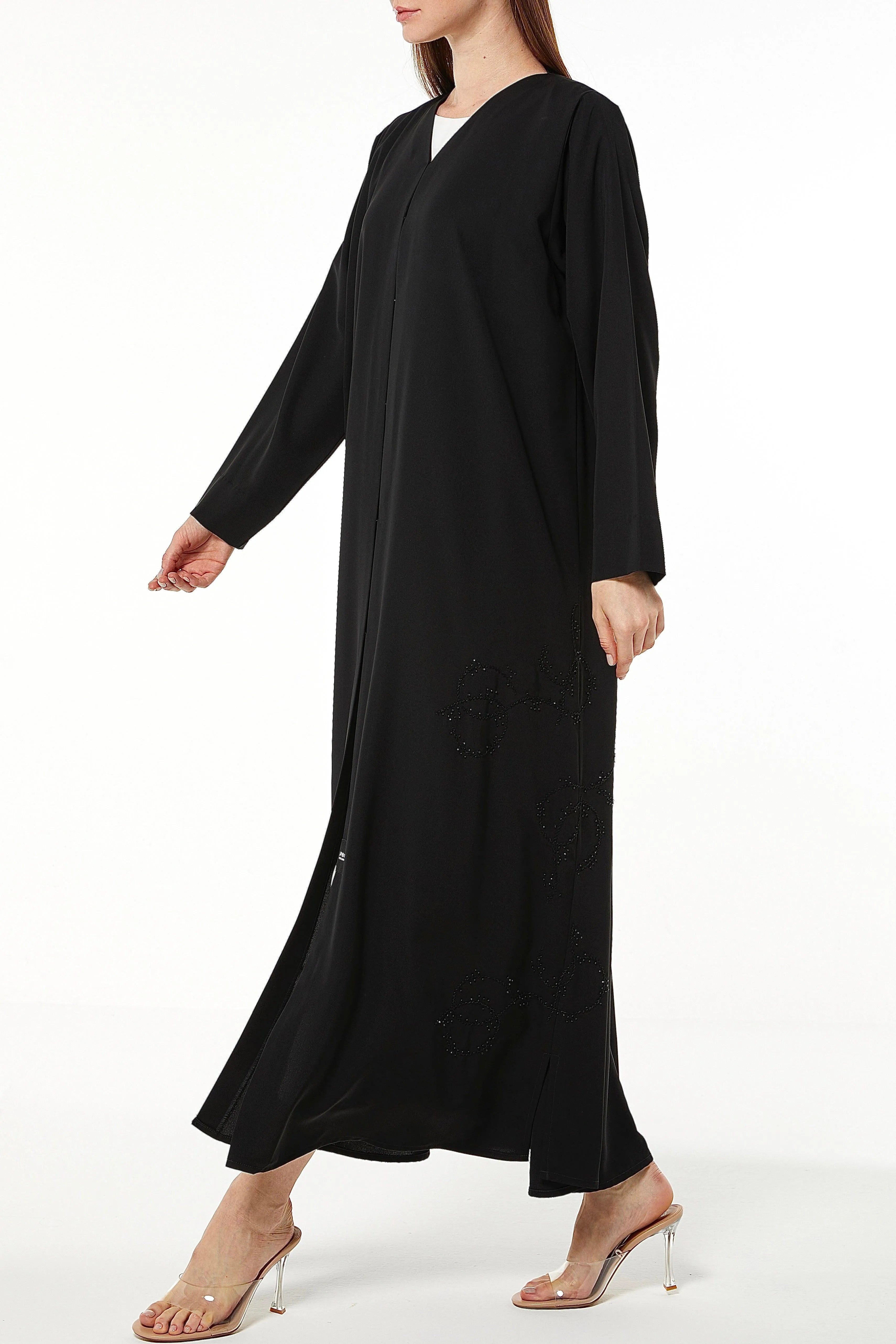 Black Tokyo Crepe Abaya with Side Threadwork - Posh Abaya
