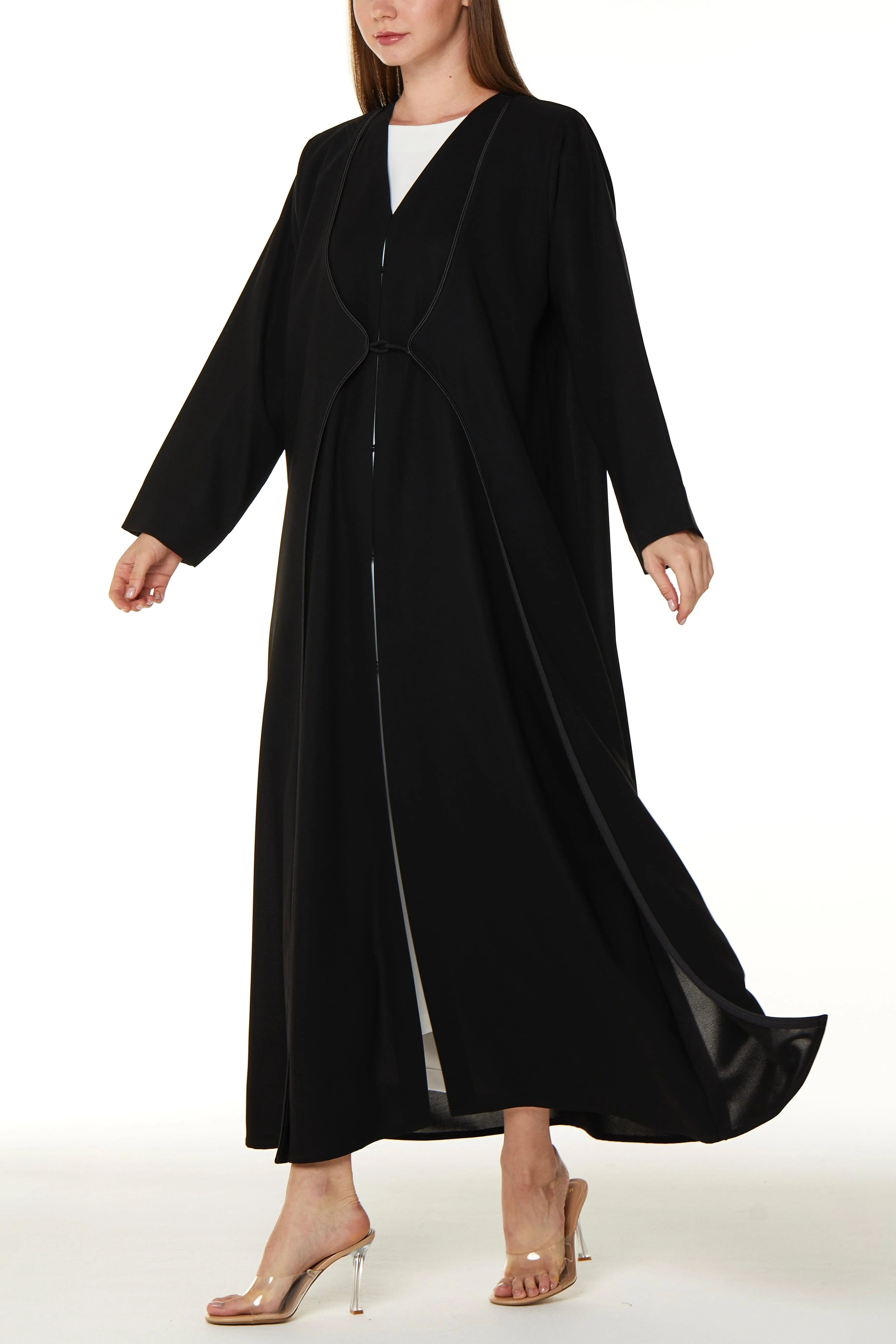 Black Nova Crepe Abaya with Front Loop Panel Details - Posh Abaya