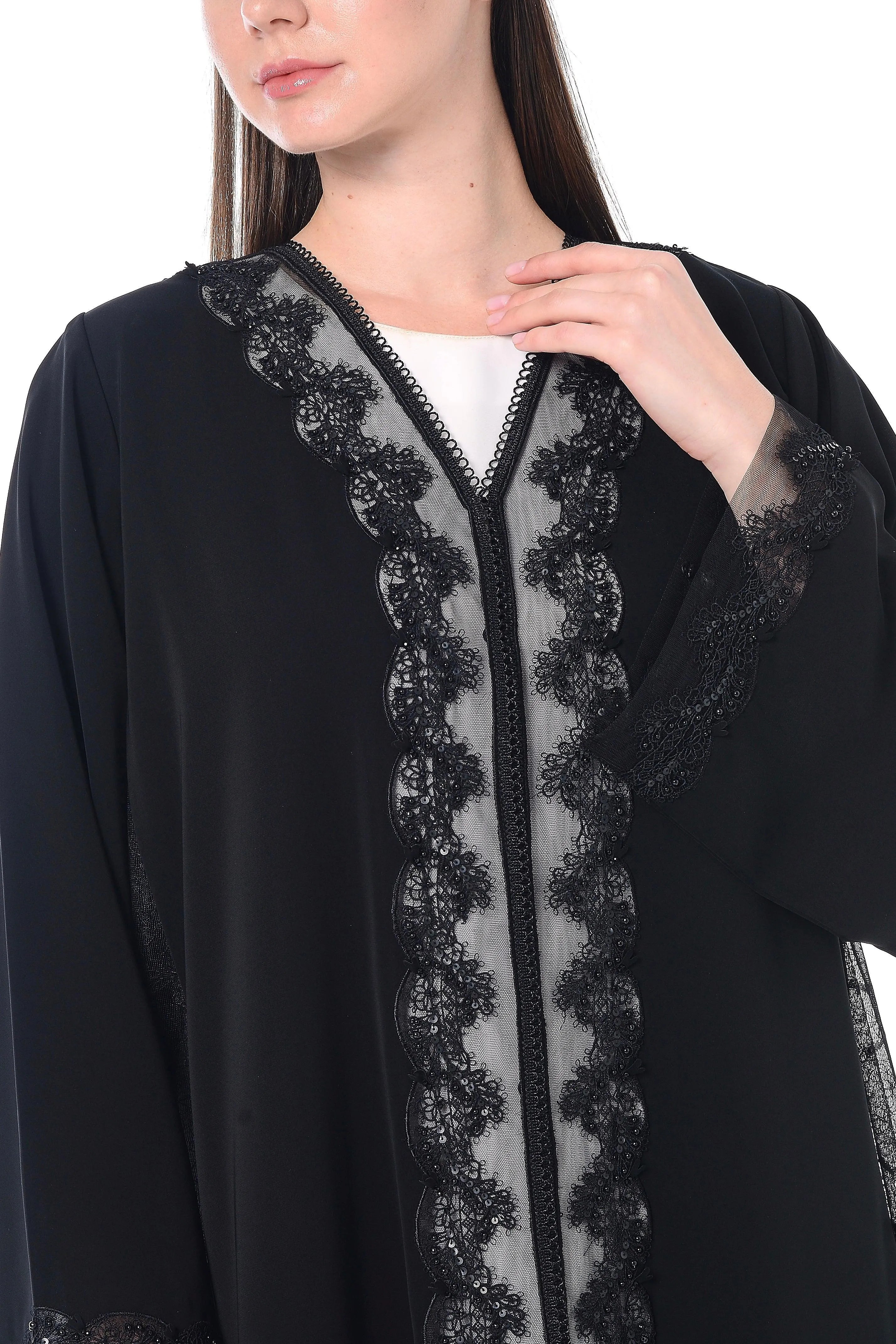 Black Royal Nada Abaya with Side French Tulle and Front Beadwork Detail - Posh Abaya