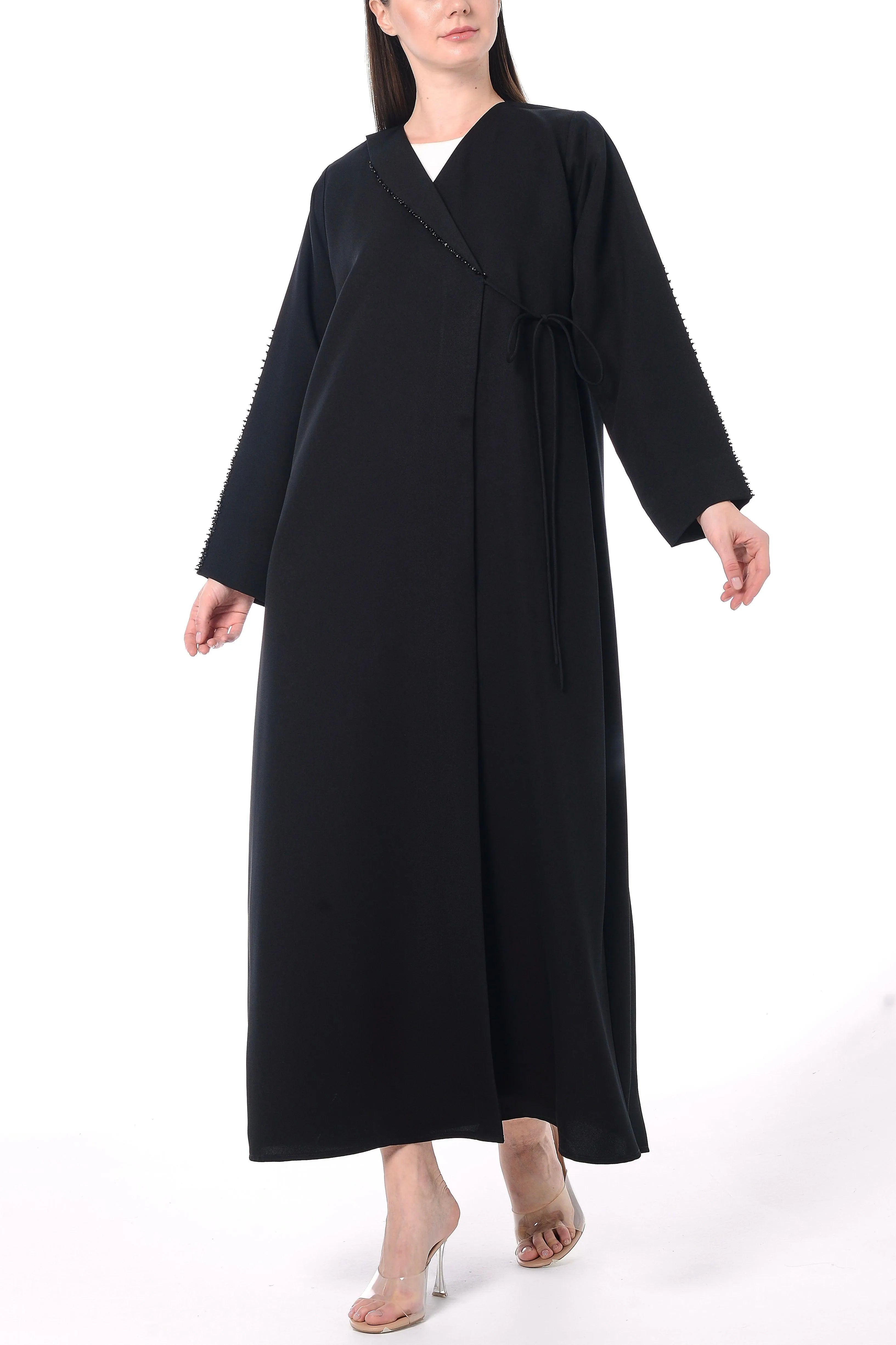 Black Emarati Crepe Abaya with Front Overlap and Beadwork Details - Posh Abaya