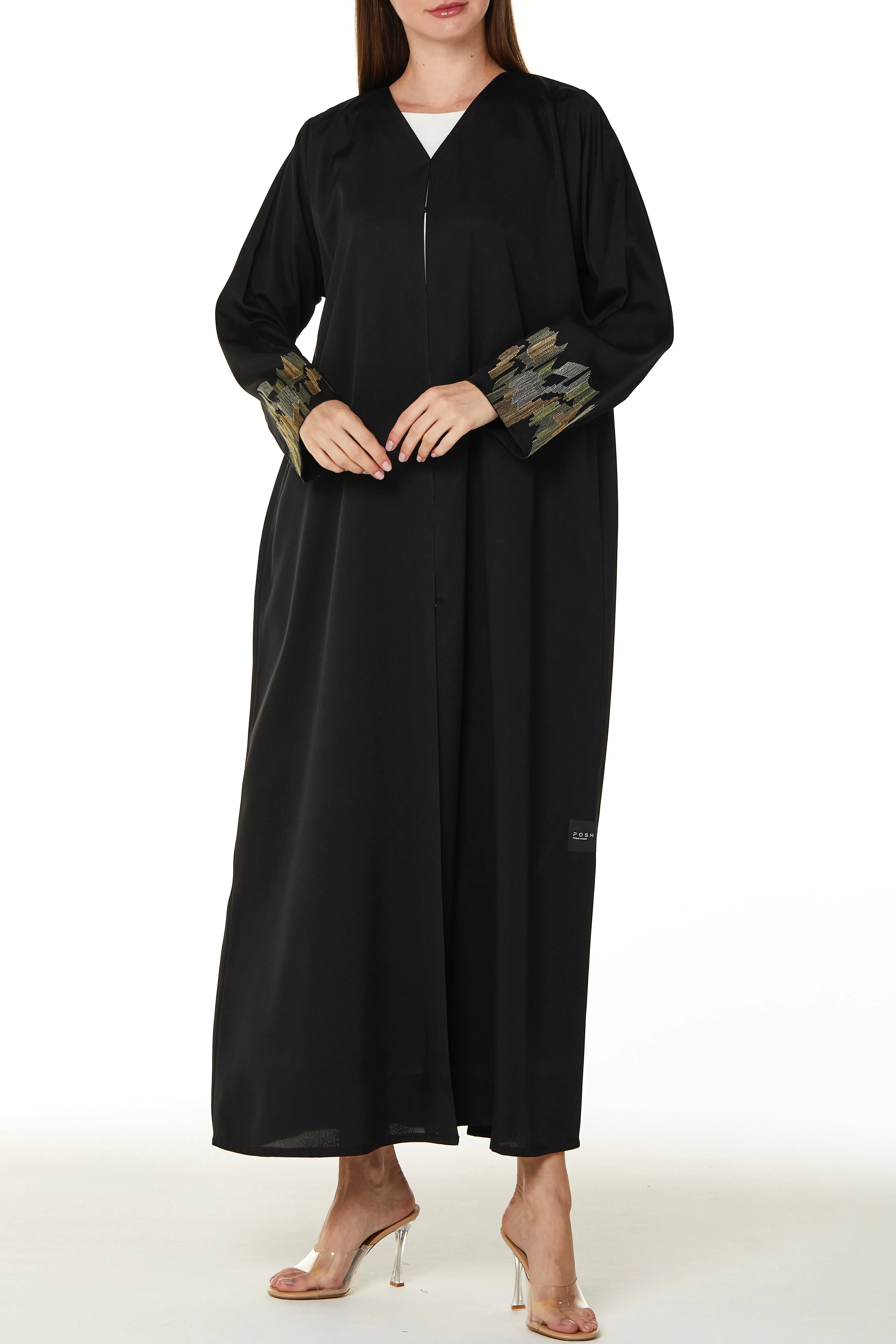 Black Sana Crepe Abaya with Abstract Sleeve Embroidery - Posh Abaya