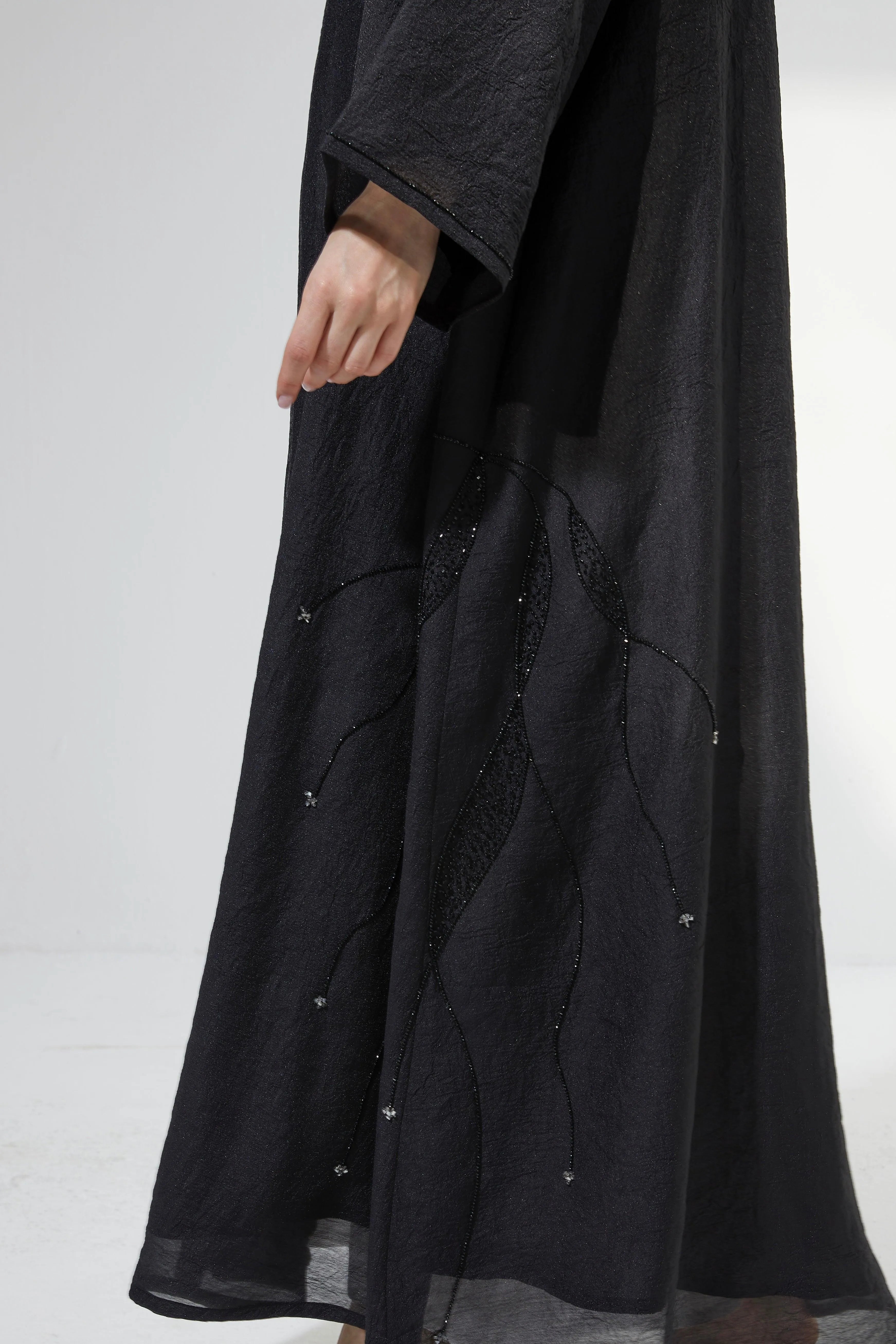 Black Organza Custom Abaya with Side Abstract Black & Silver Beadwork - Posh Abaya