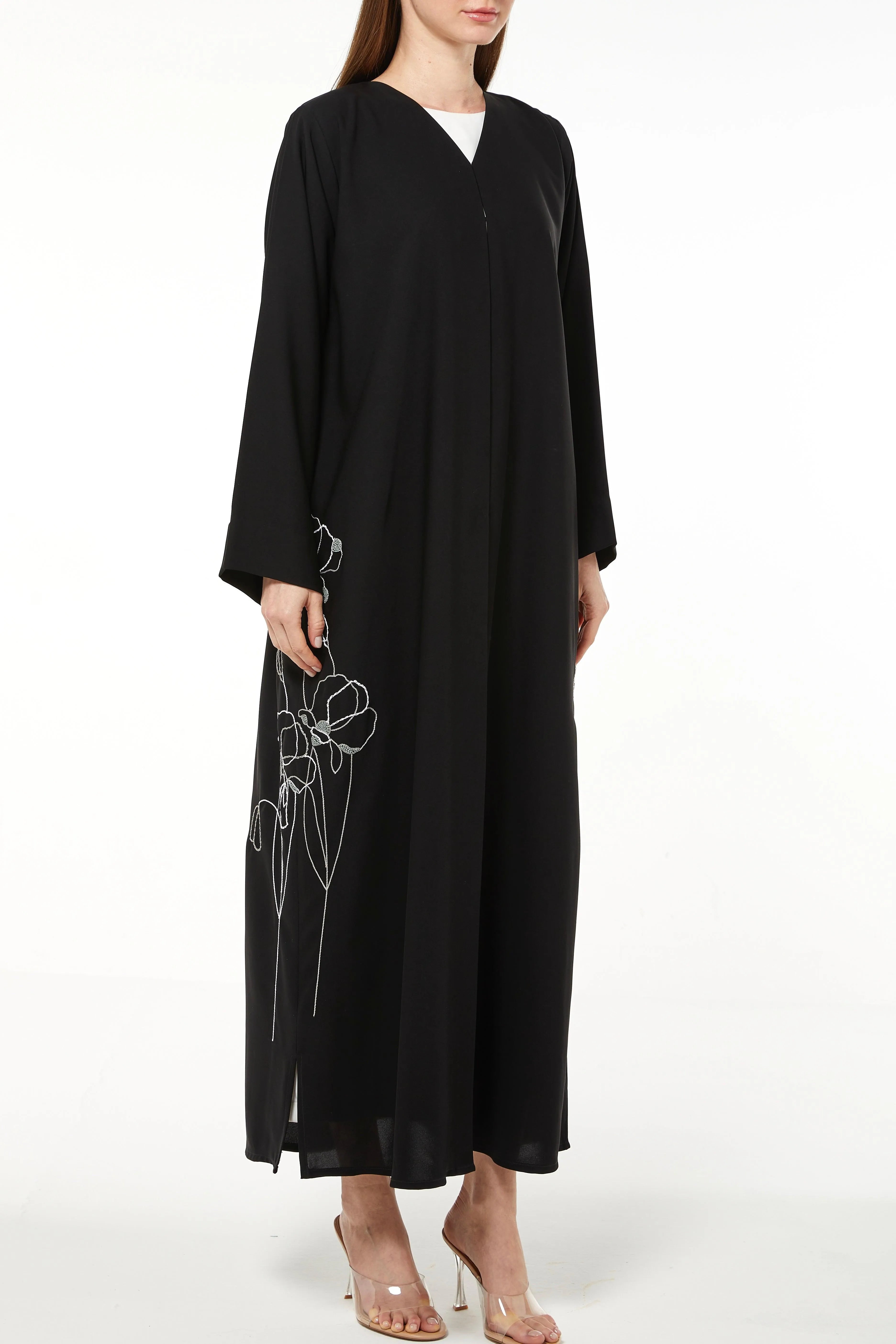Black Aria Crepe Abaya with Side Floral Embroidery - Posh Abaya