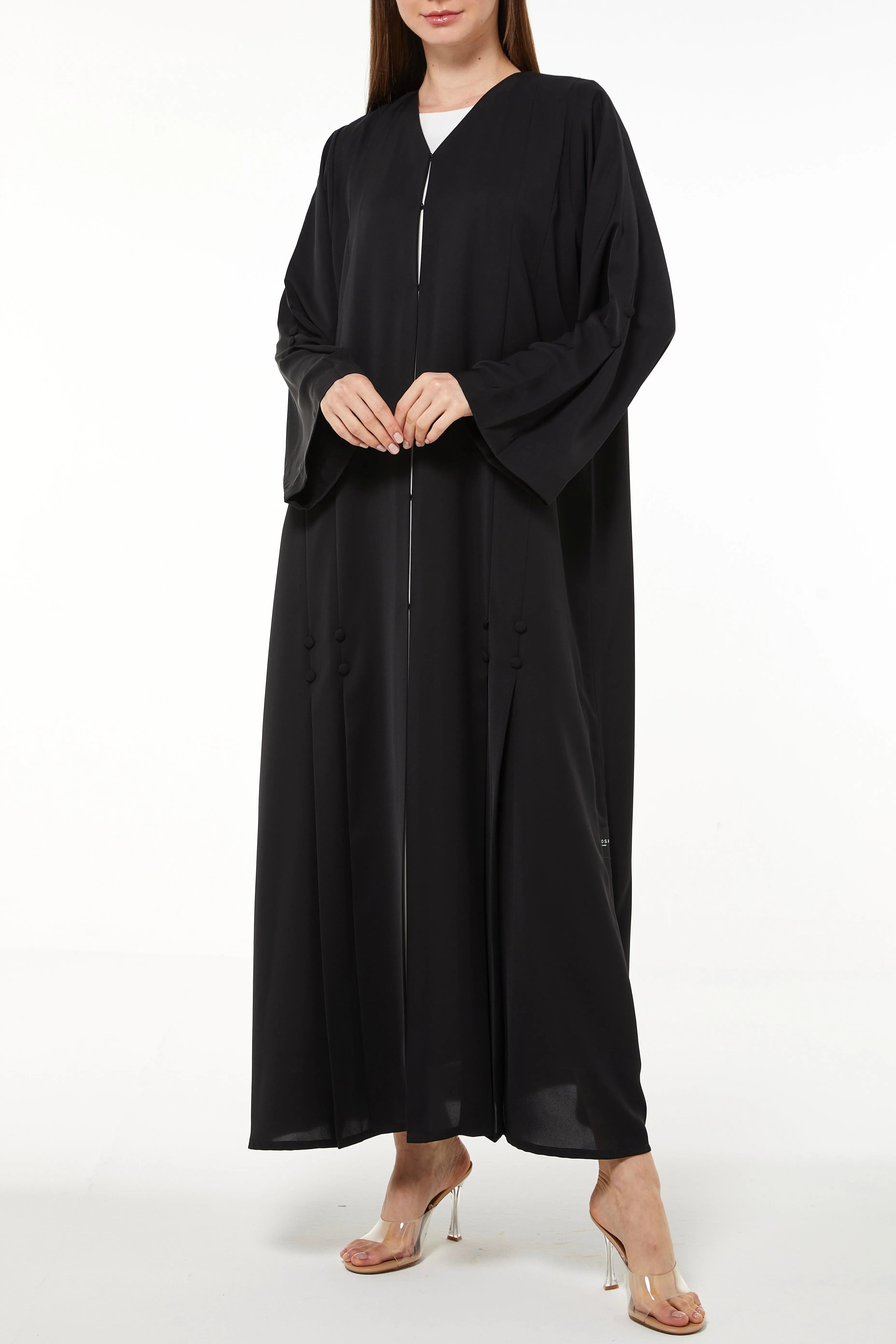 Black Remi Crepe Abaya with Sleek Pleat Buttons - Posh Abaya