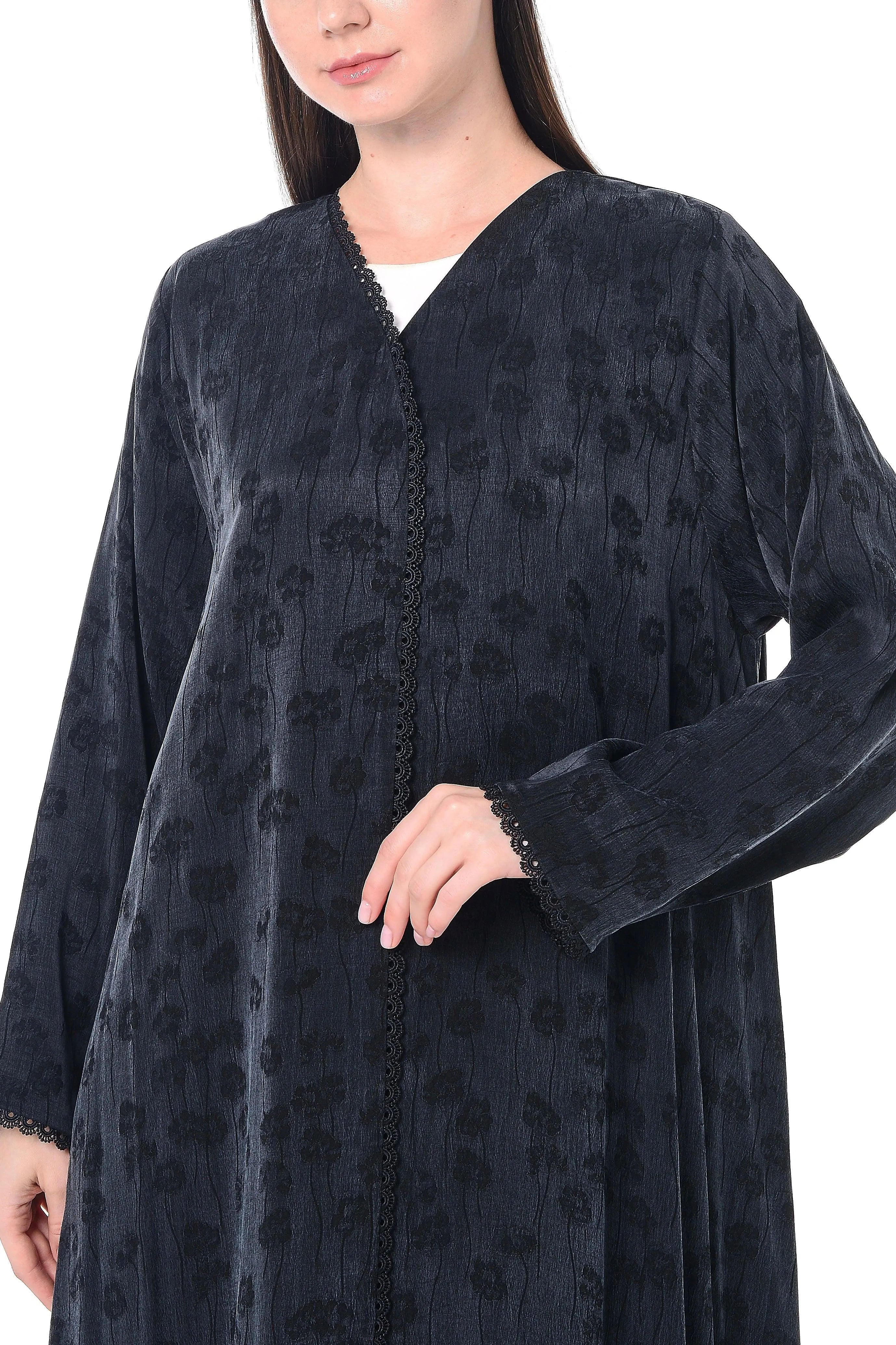 Black Furla Cupro Abaya with Front Overlap and Lace Detail - Posh Abaya