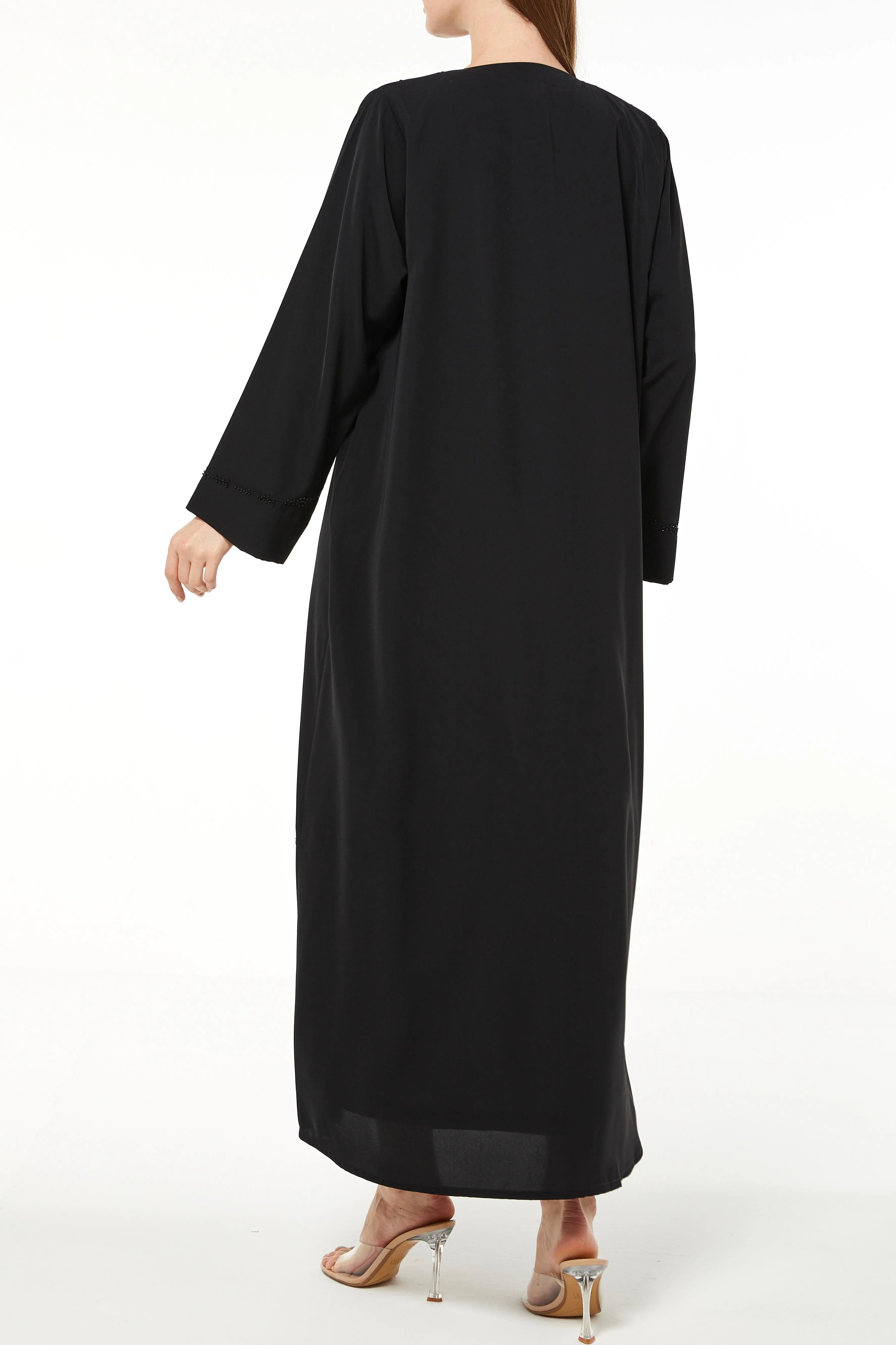 Black Tiana Crepe Abaya with Front Art Lines Beadwork - Posh Abaya