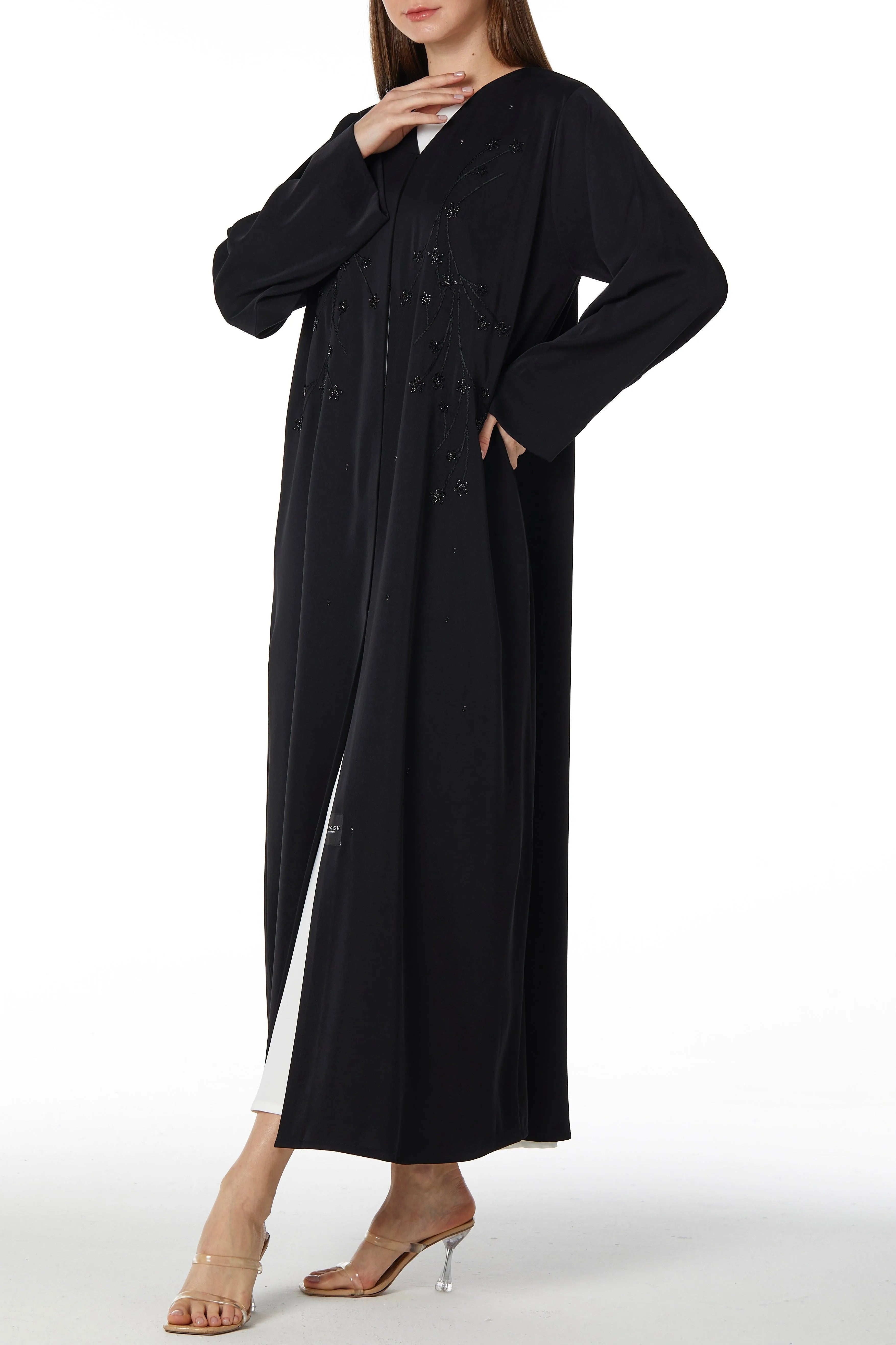 Black rose Crepe Abaya with Front Floral Threadwork - Posh Abaya