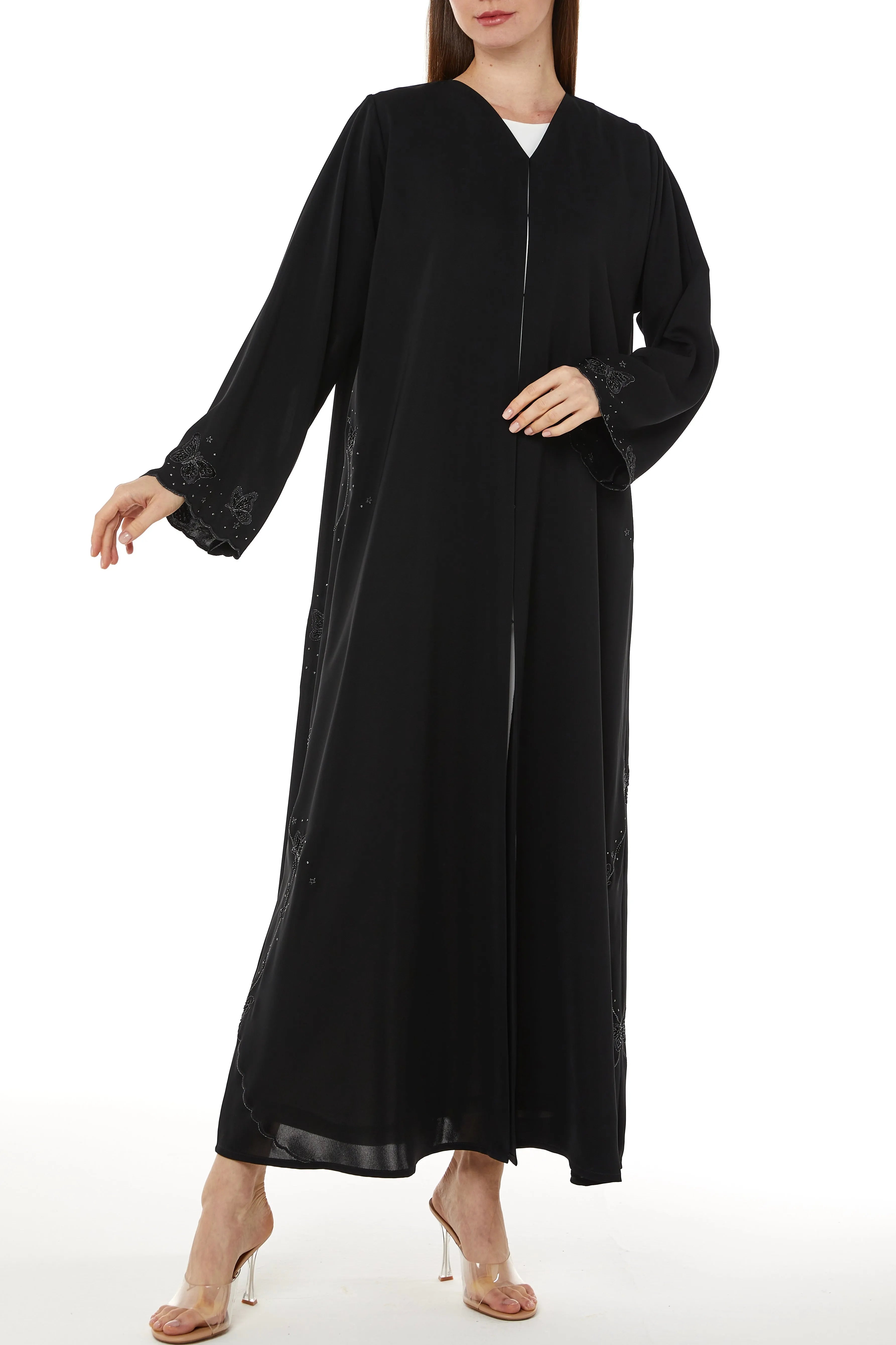 Black Salmi Nada Abaya with Flared Sleeves and Butterfly Embroidery - Posh Abaya