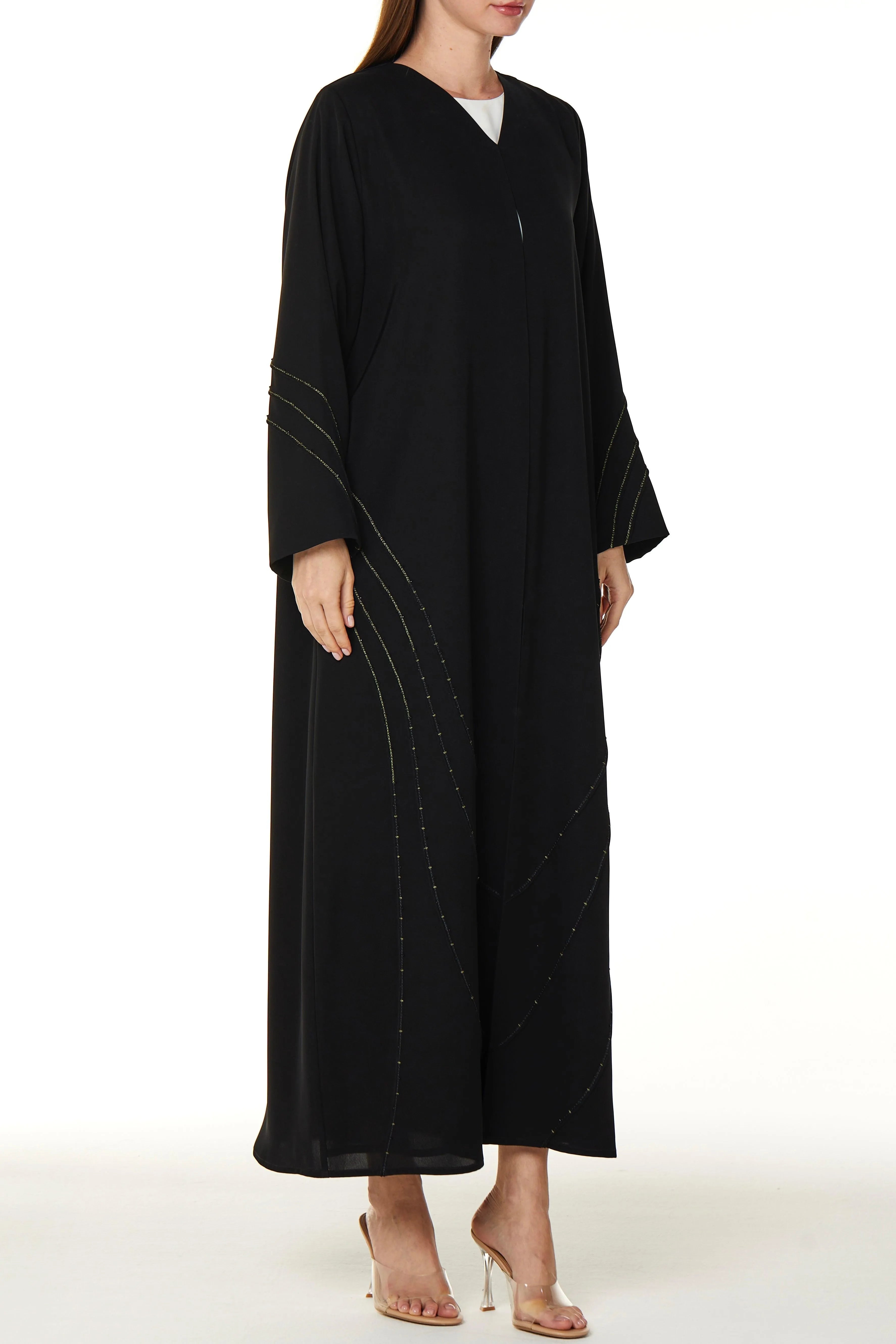 Black Farasha Crepe Abaya with Abstract Line Threadwork - Posh Abaya