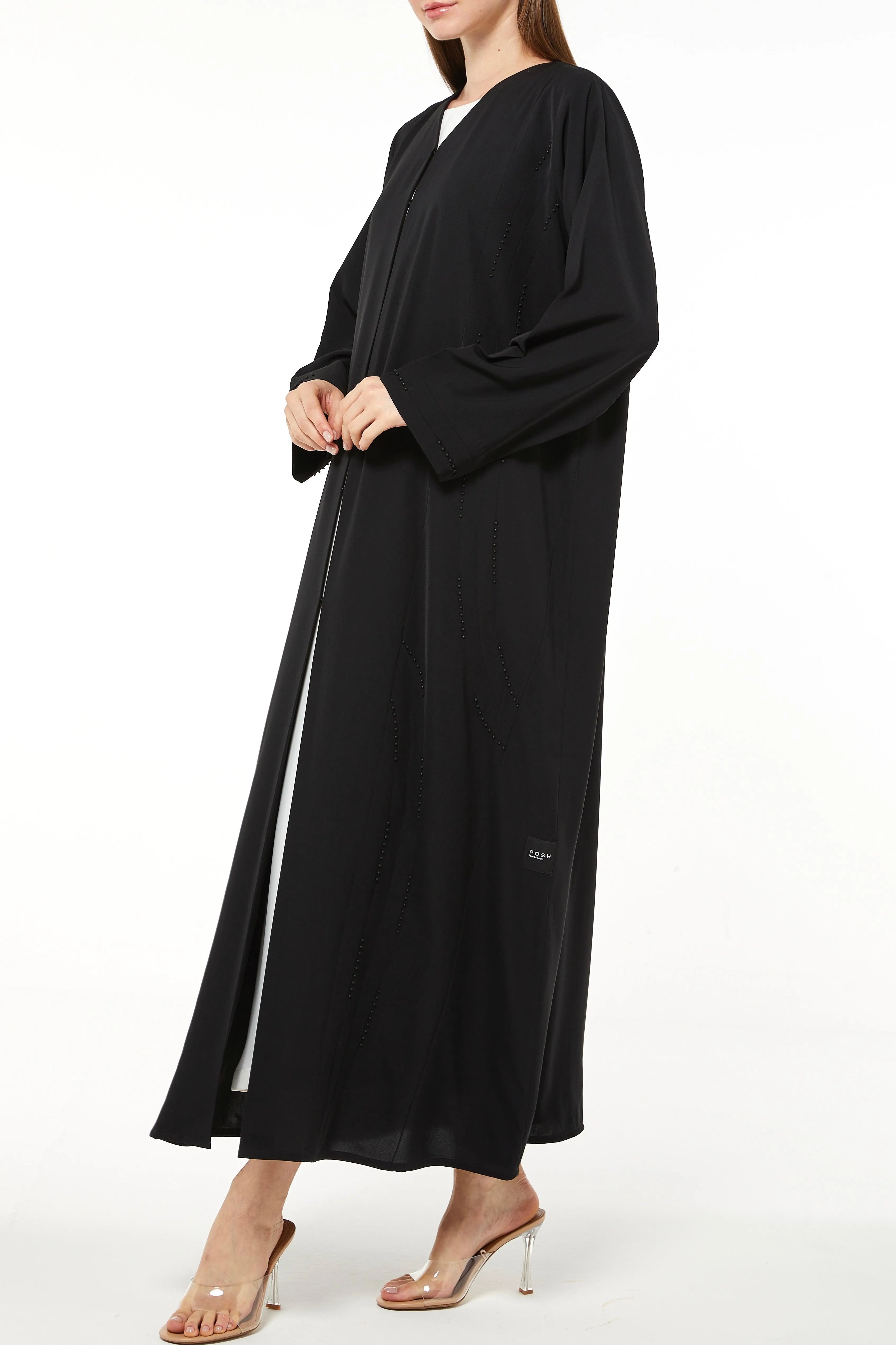 Black Tiana Crepe Abaya with Front Beaded Pintuck - Posh Abaya