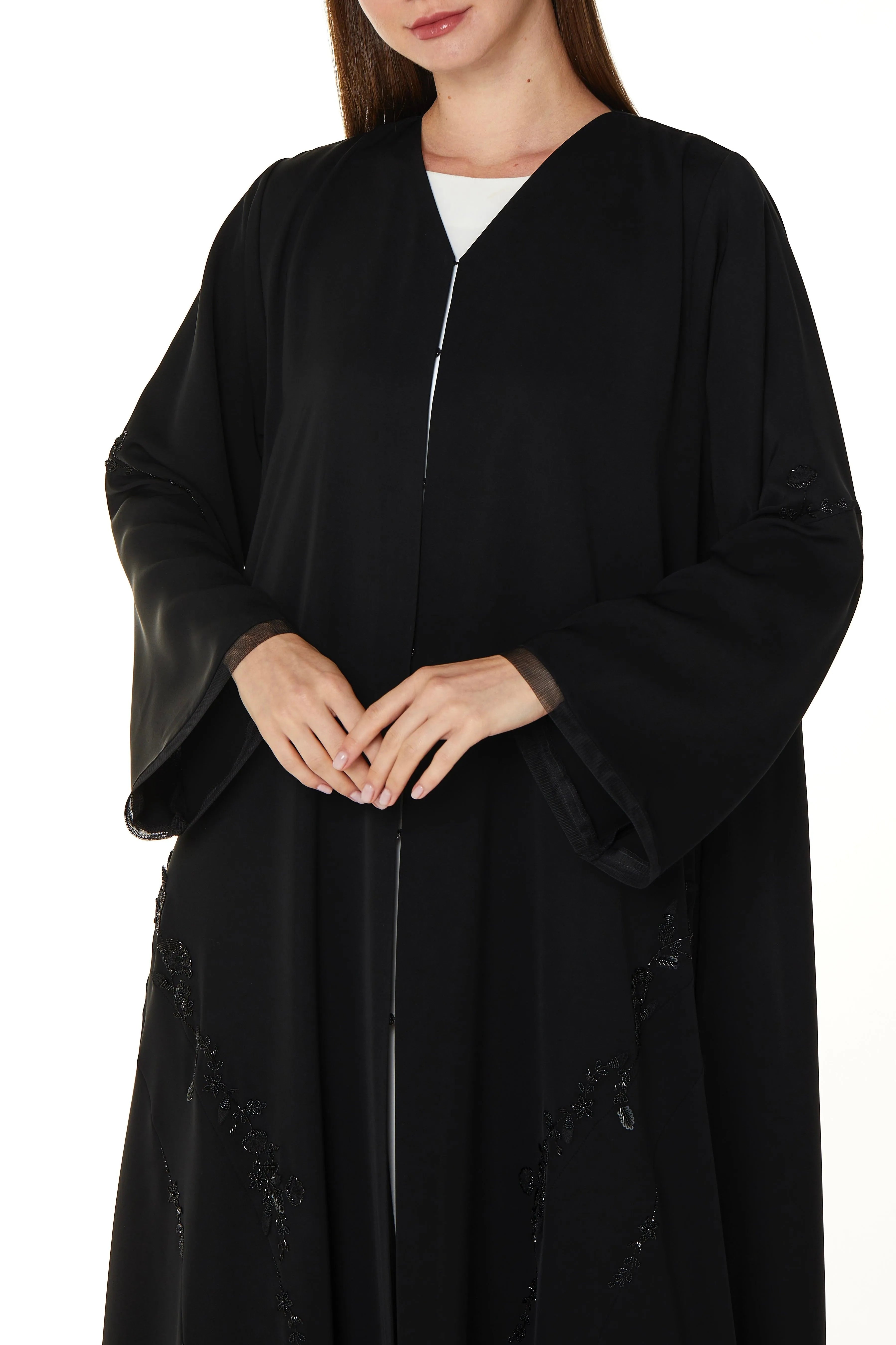 Black Royal Nada Abaya with Curvy Cuts and Floral Beadwork Detail - Posh Abaya