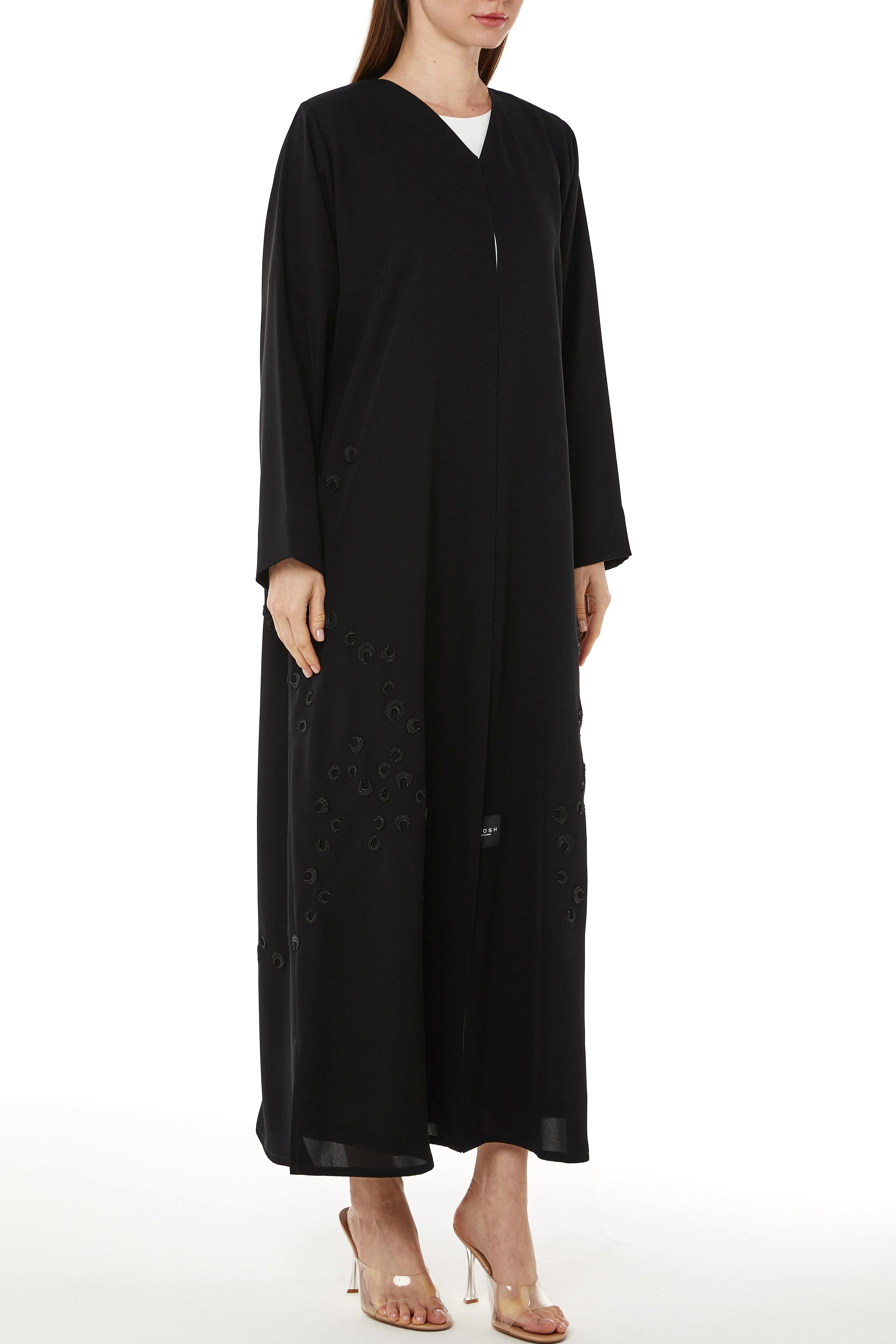 Black Farasha Crepe Abaya with Front Scattered Beadwork - Posh Abaya