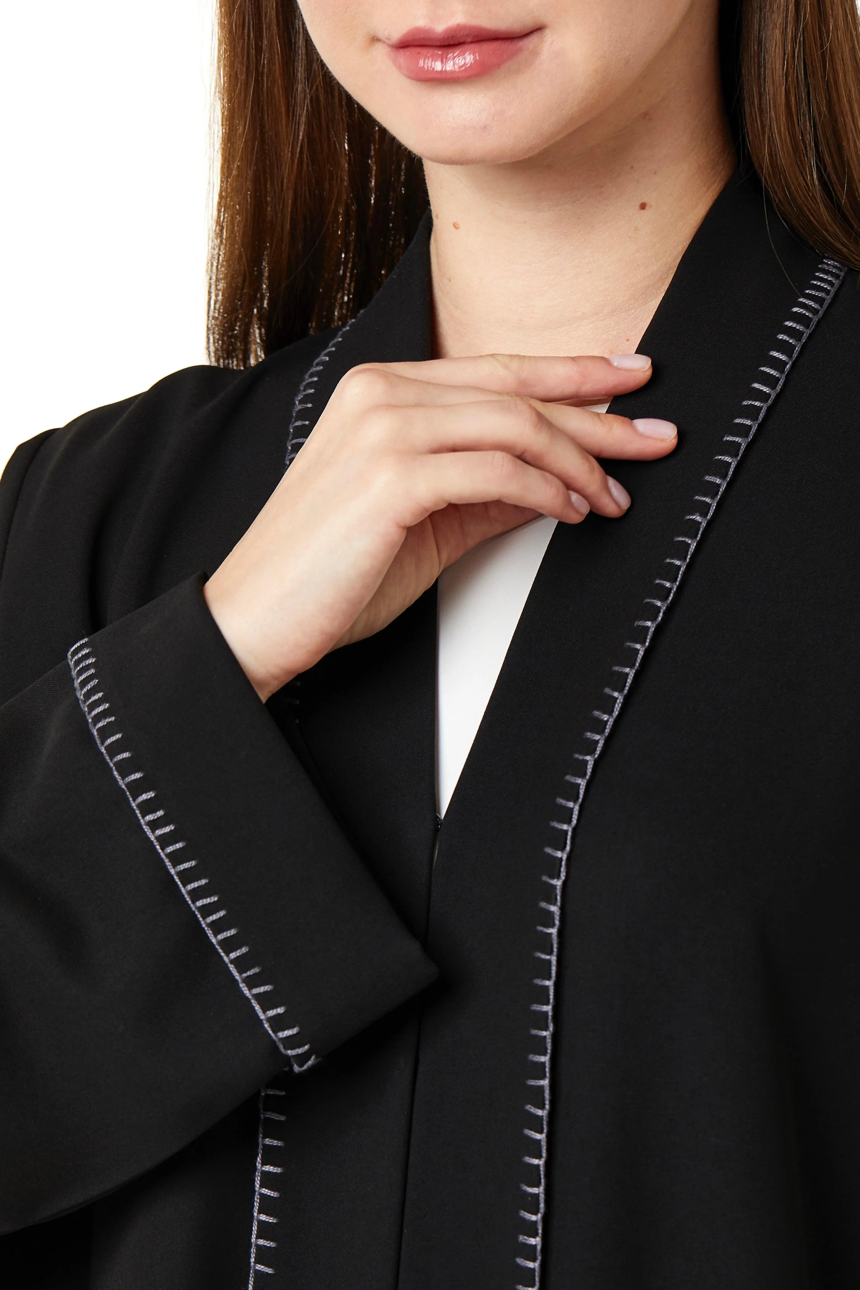 Black Nova Crepe Abaya with Front Stitch Collar - Posh Abaya