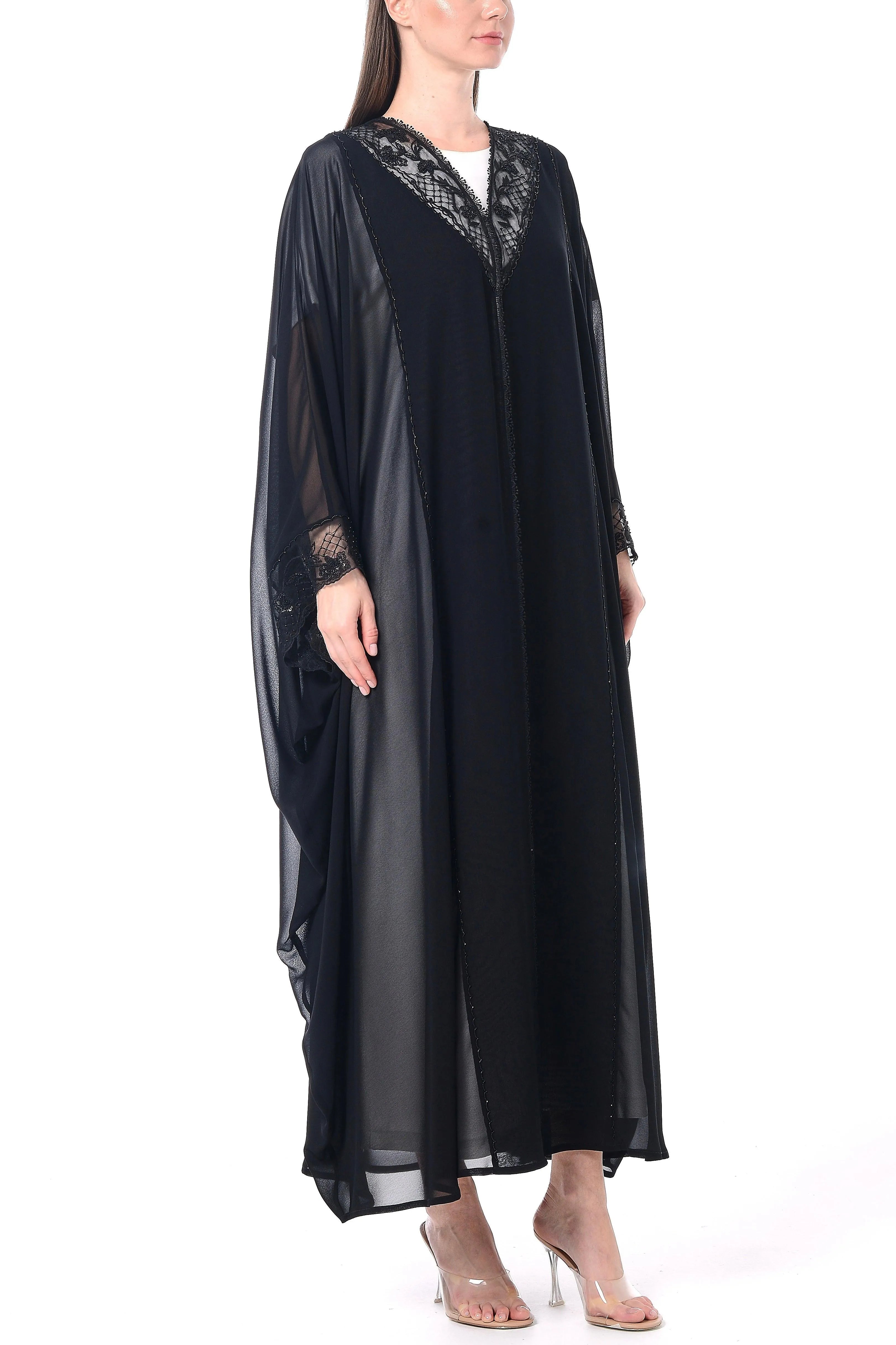 Black Malika Chiffon Bahraini Abaya with Lacework Details - Posh Abaya