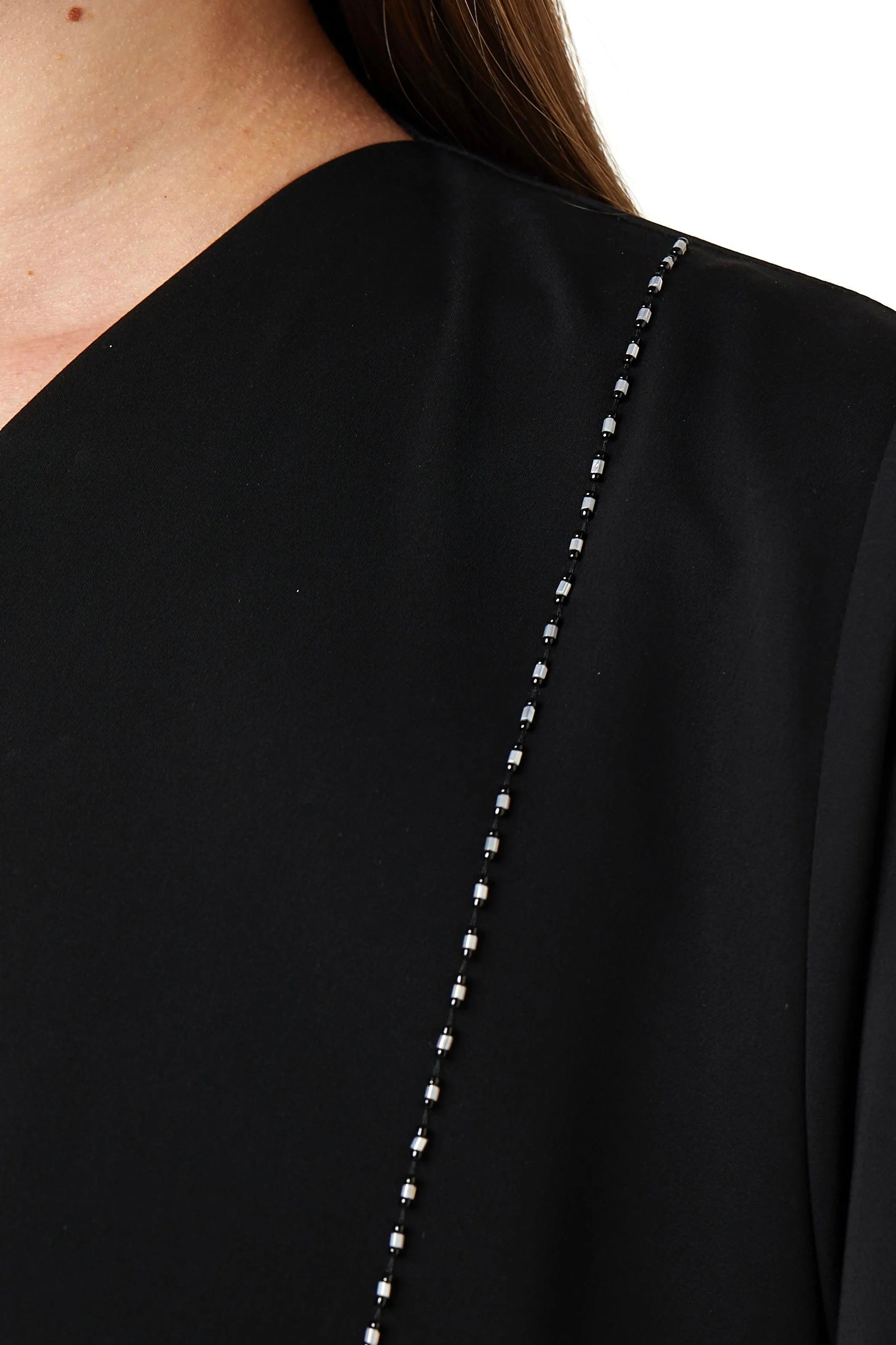 Black Royal Nada Abaya with Front Beaded Cuts and Floral Beadwork Detail - Posh Abaya