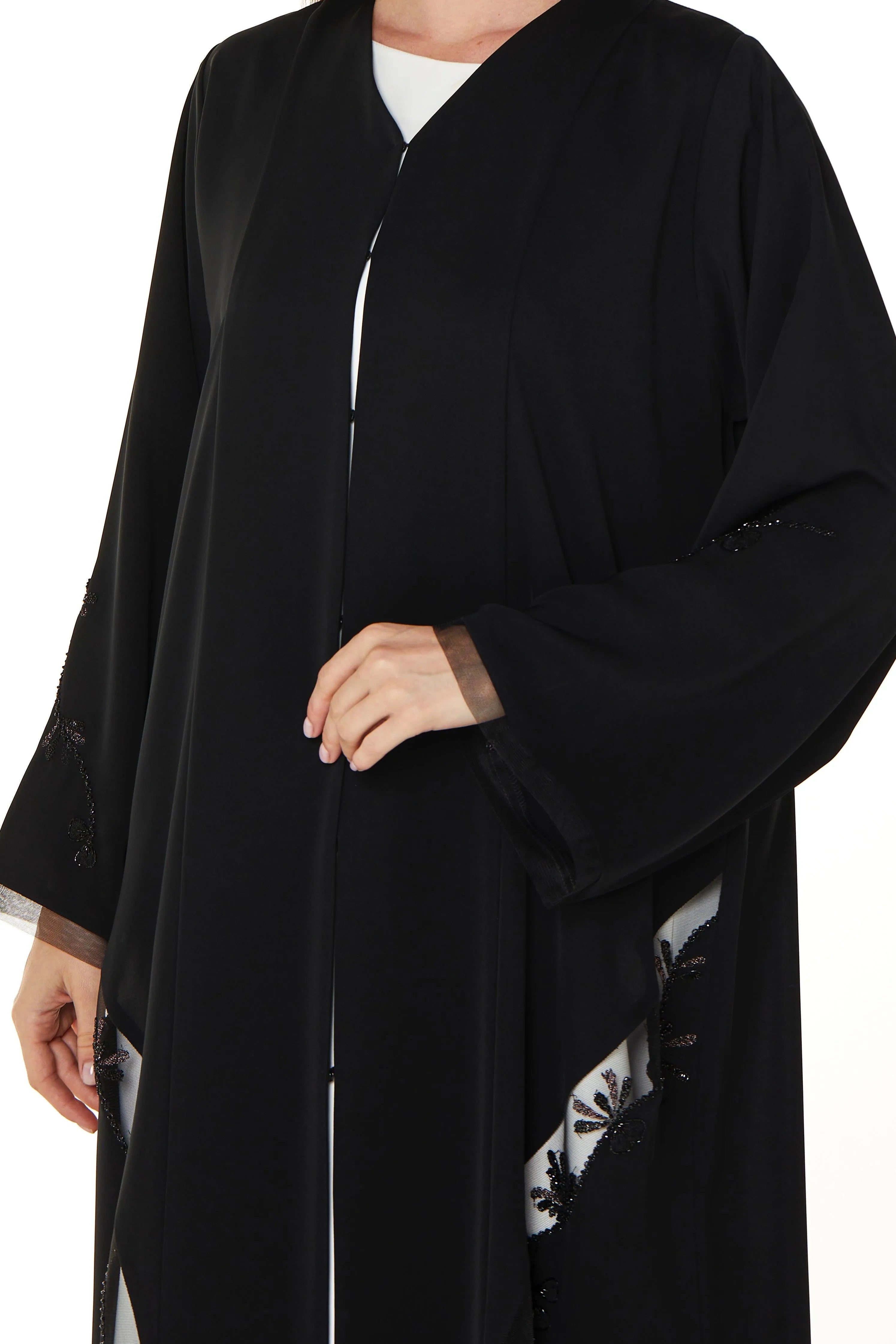 Black Royal Nada Abaya with Copper Beadwork Detail Adorned with Tulle - Posh Abaya