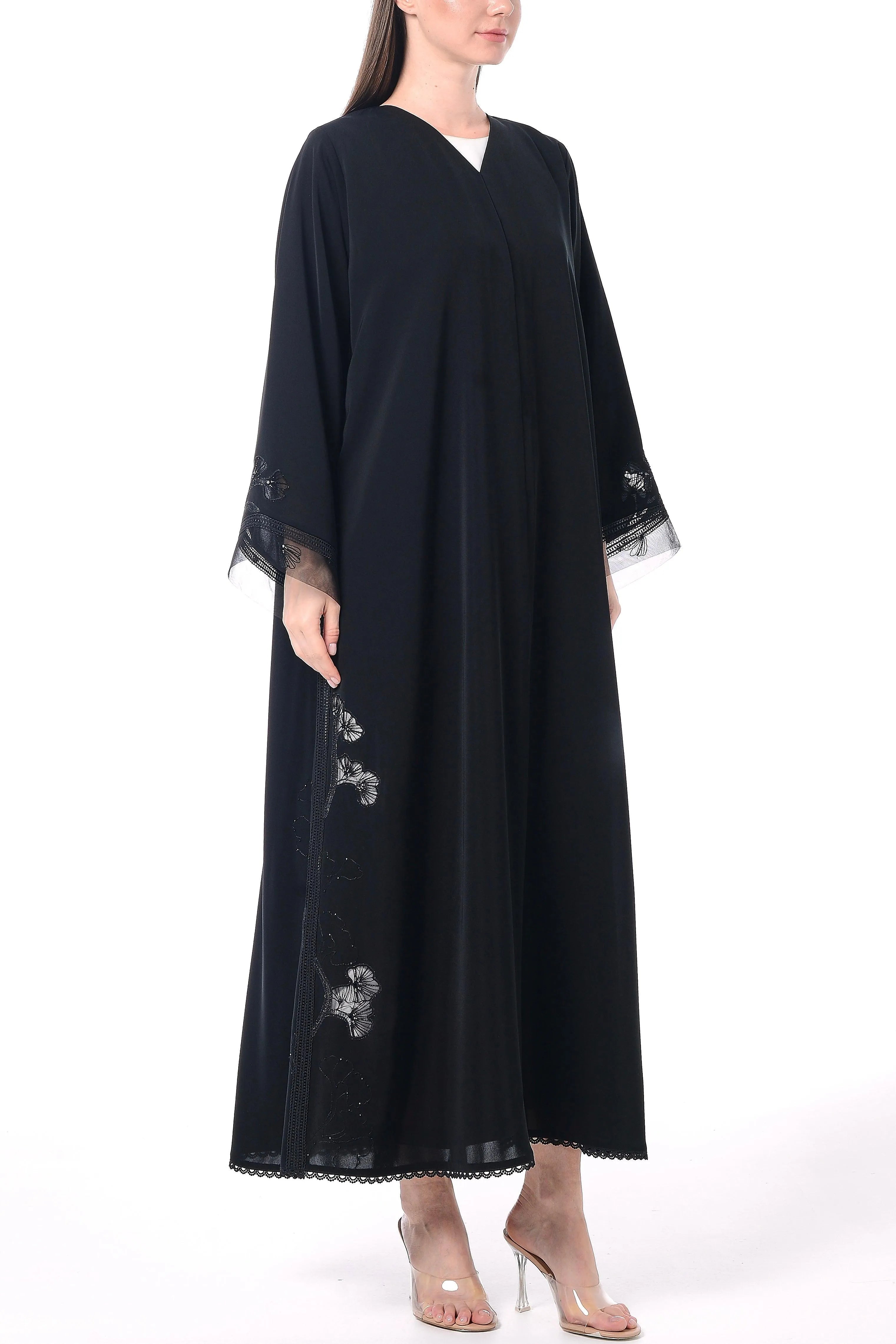 Black Royal Nada Abaya with Floral Lacework Detail - Posh Abaya