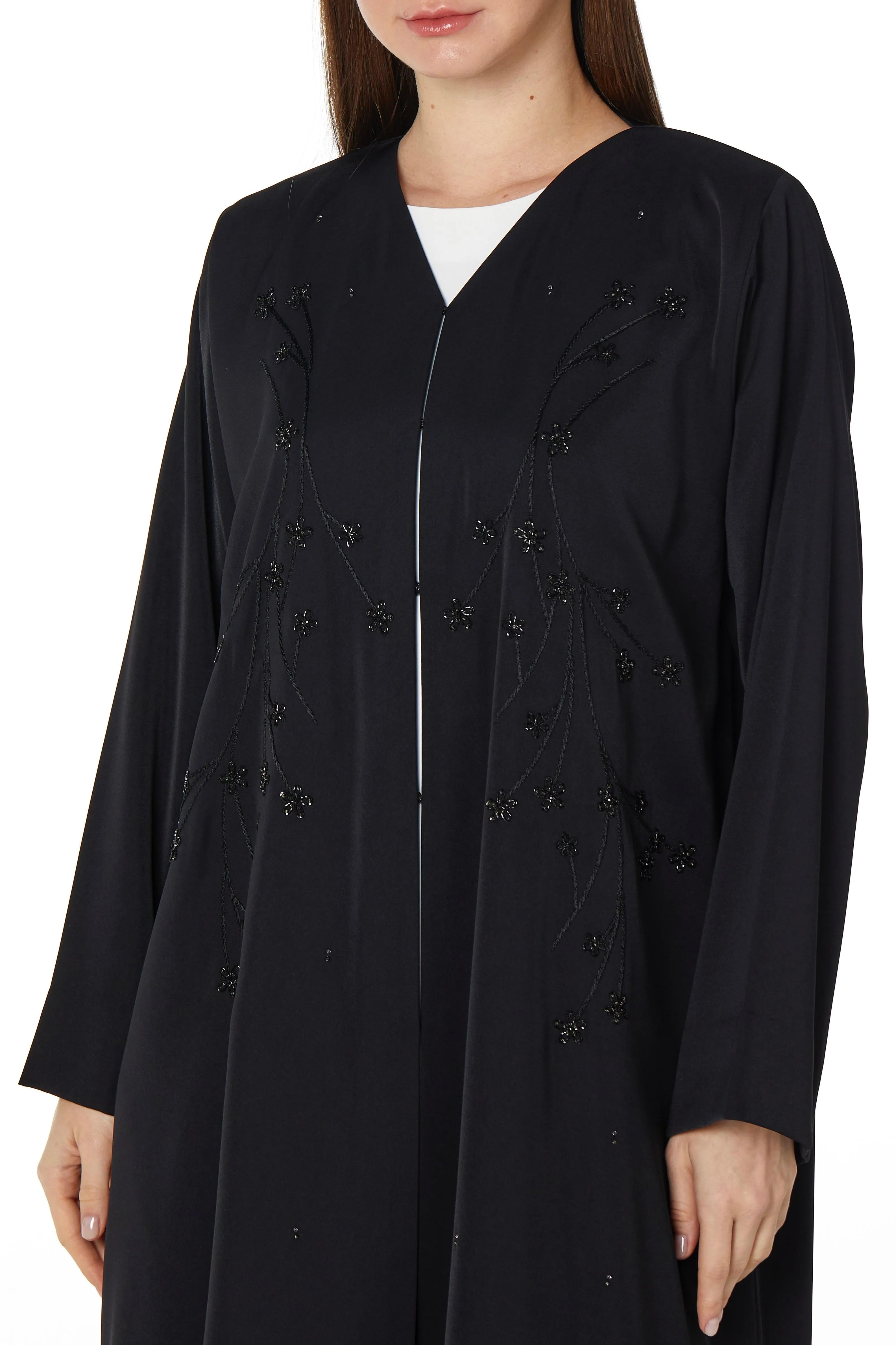 Black rose Crepe Abaya with Front Floral Threadwork - Posh Abaya