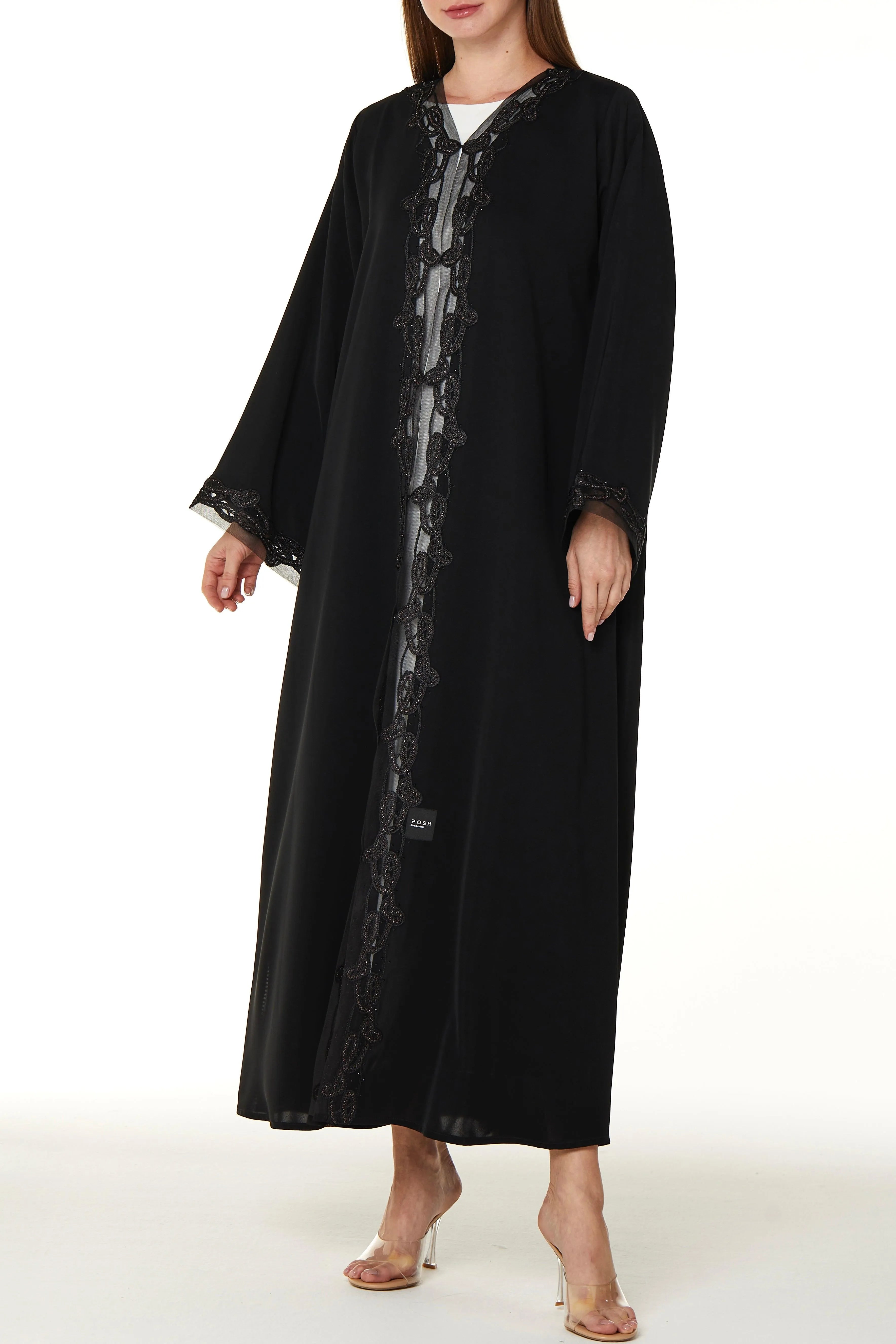 Black Royal Nada Abaya with Tulle and Copper Lacework Detail - Posh Abaya