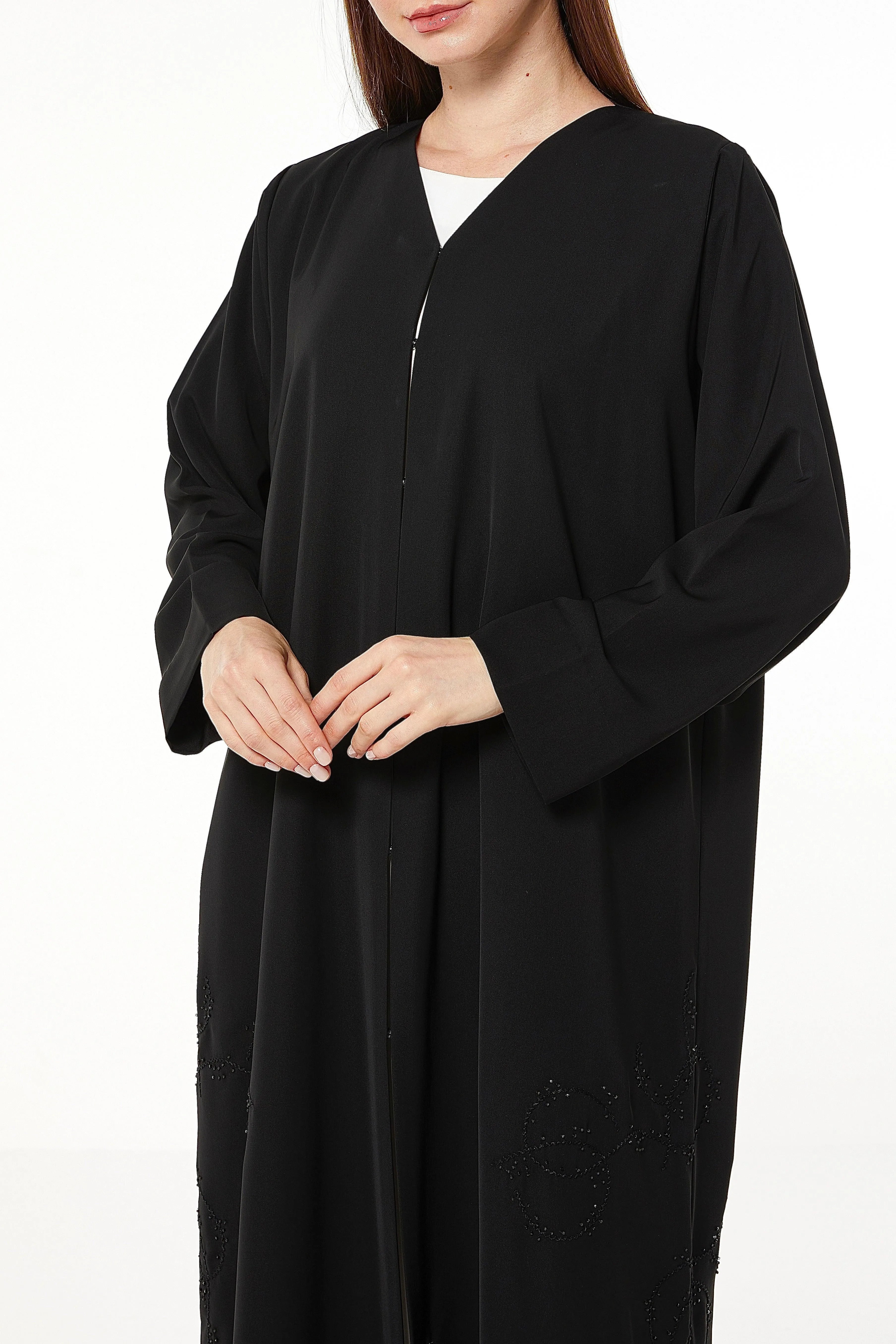 Black Tokyo Crepe Abaya with Side Threadwork - Posh Abaya